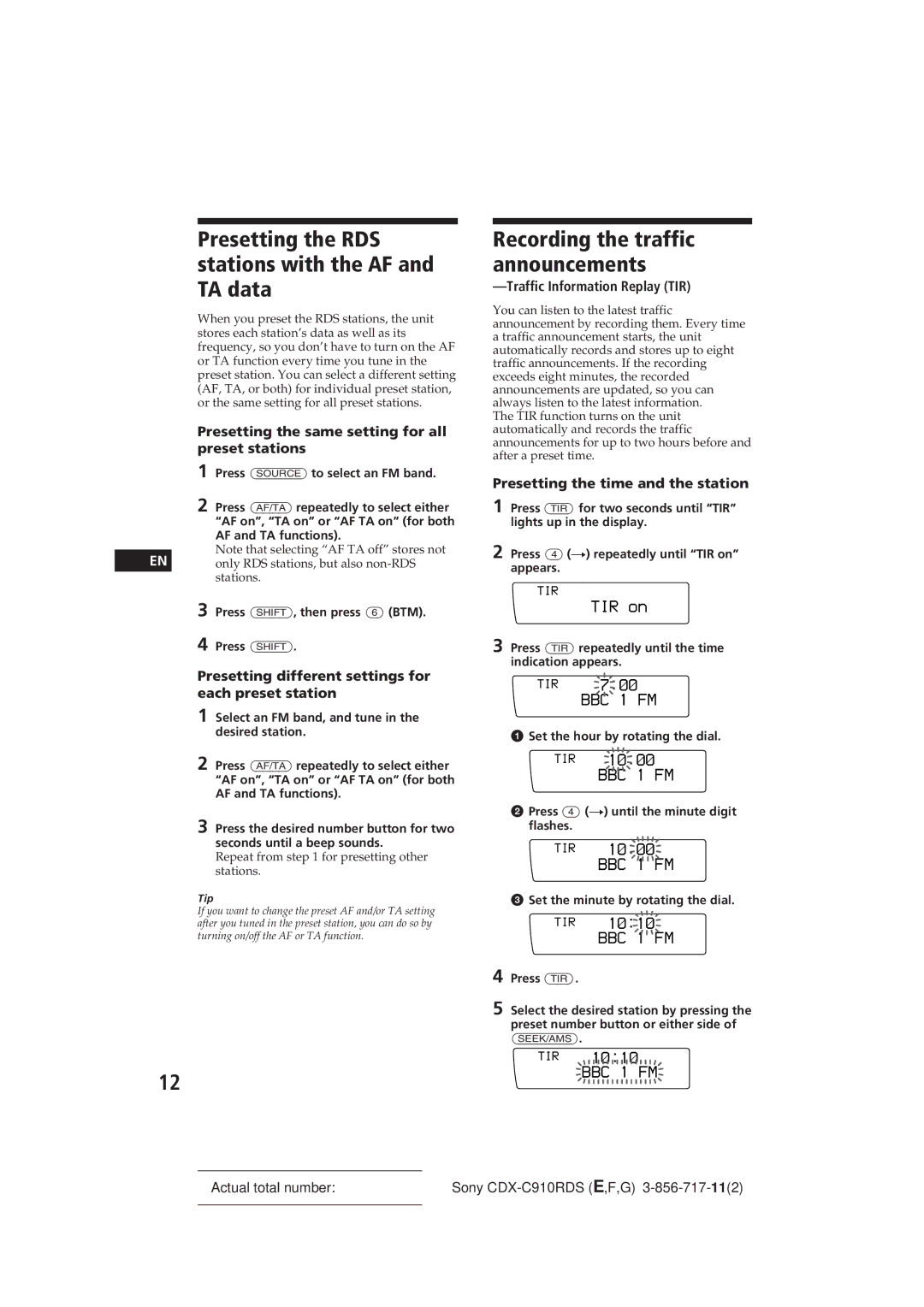 Sony CDX-C910RDS operating instructions Presetting the RDS stations with the AF and TA data, TIR on, 7ââ, 1â1â 