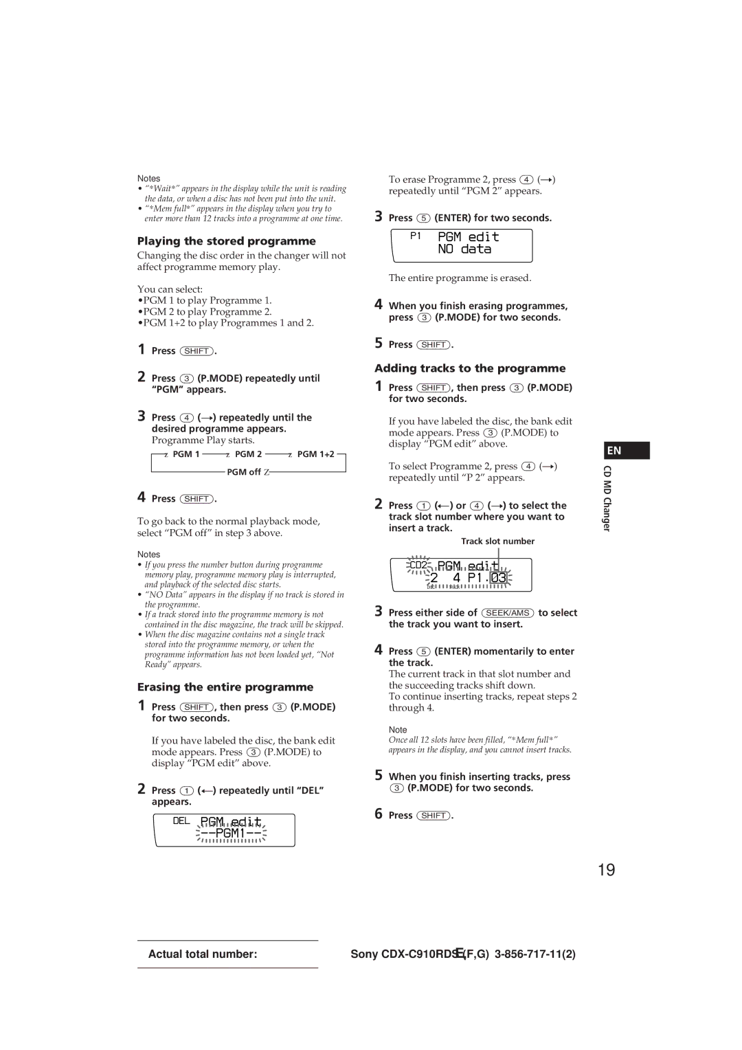 Sony CDX-C910RDS operating instructions DEL PGM edit --PGM1, No data, Press 1 N or 4 n to select 