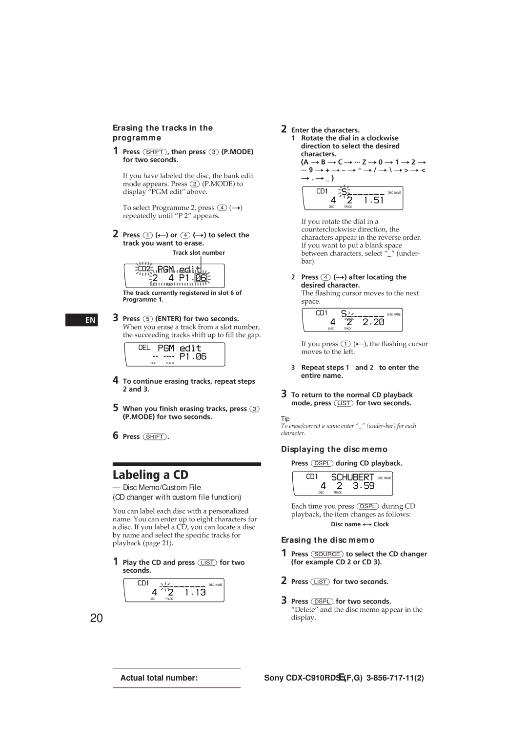 Sony CDX-C910RDS operating instructions Labeling a CD, CD2 PGM edit P1.â6, Disc Name 