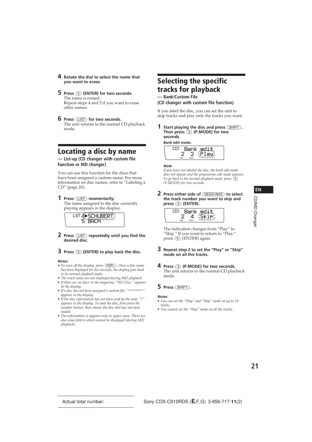 Sony CDX-C910RDS Locating a disc by name, Selecting the specific tracks for playback, Bank Edit, Play, Skip 