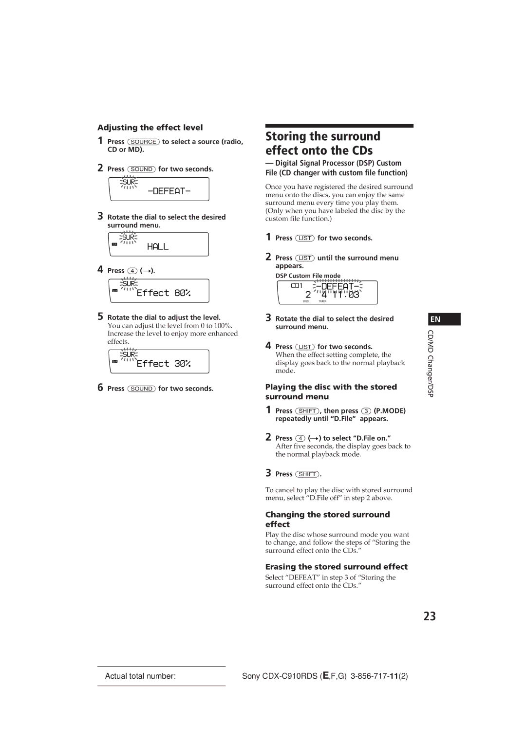 Sony CDX-C910RDS operating instructions Storing the surround effect onto the CDs, Effect 8â%, Effect 3â% 