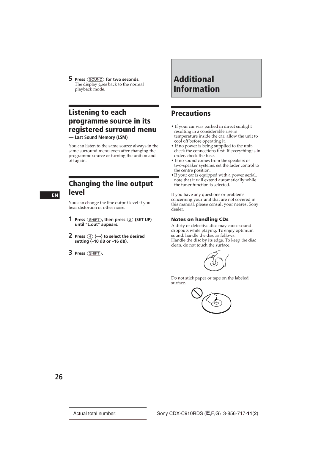 Sony CDX-C910RDS Additional Information, Changing the line output EN level, Precautions, Last Sound Memory LSM 