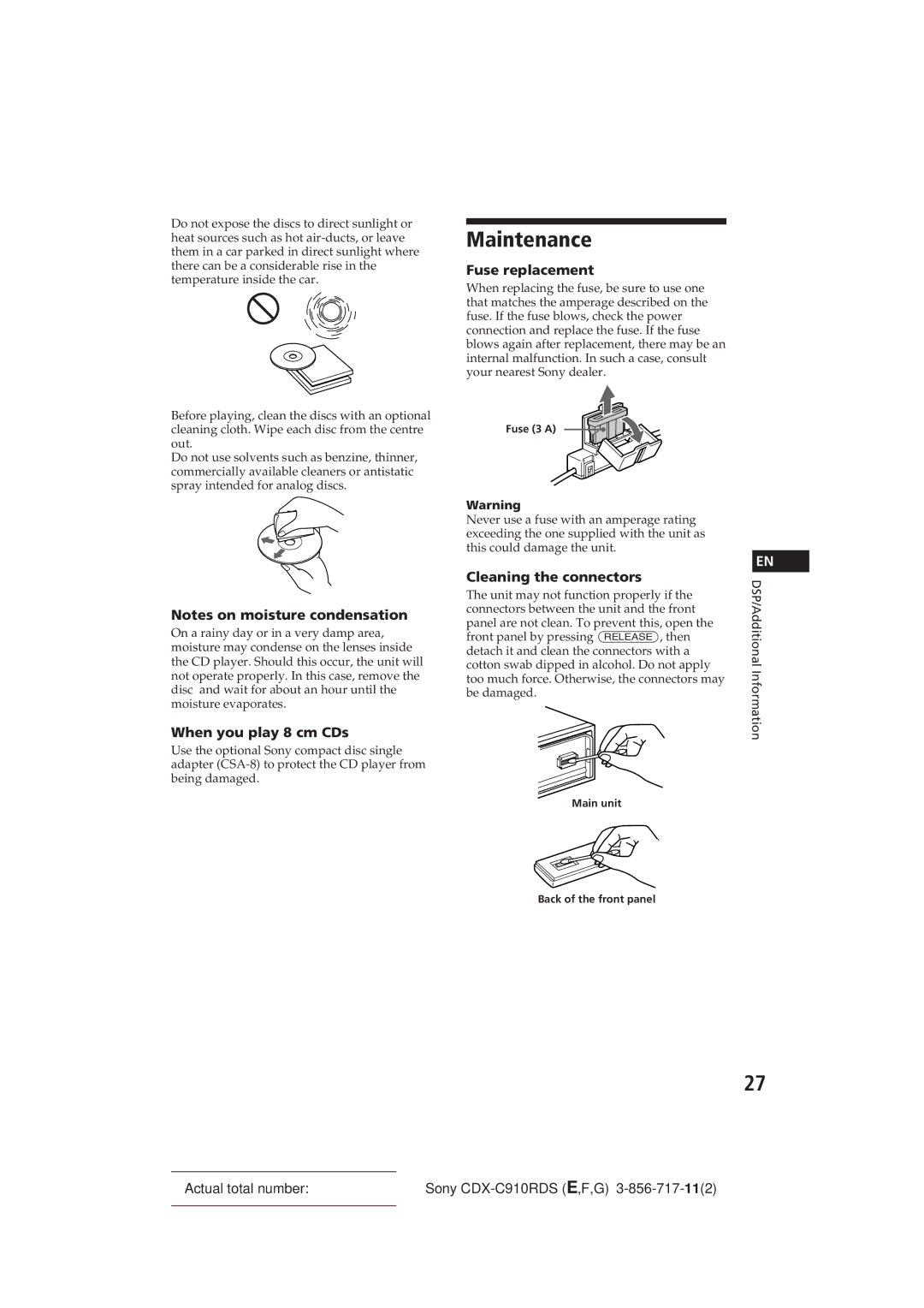 Sony CDX-C910RDS operating instructions Maintenance, When you play 8 cm CDs, Fuse replacement, Cleaning the connectors 