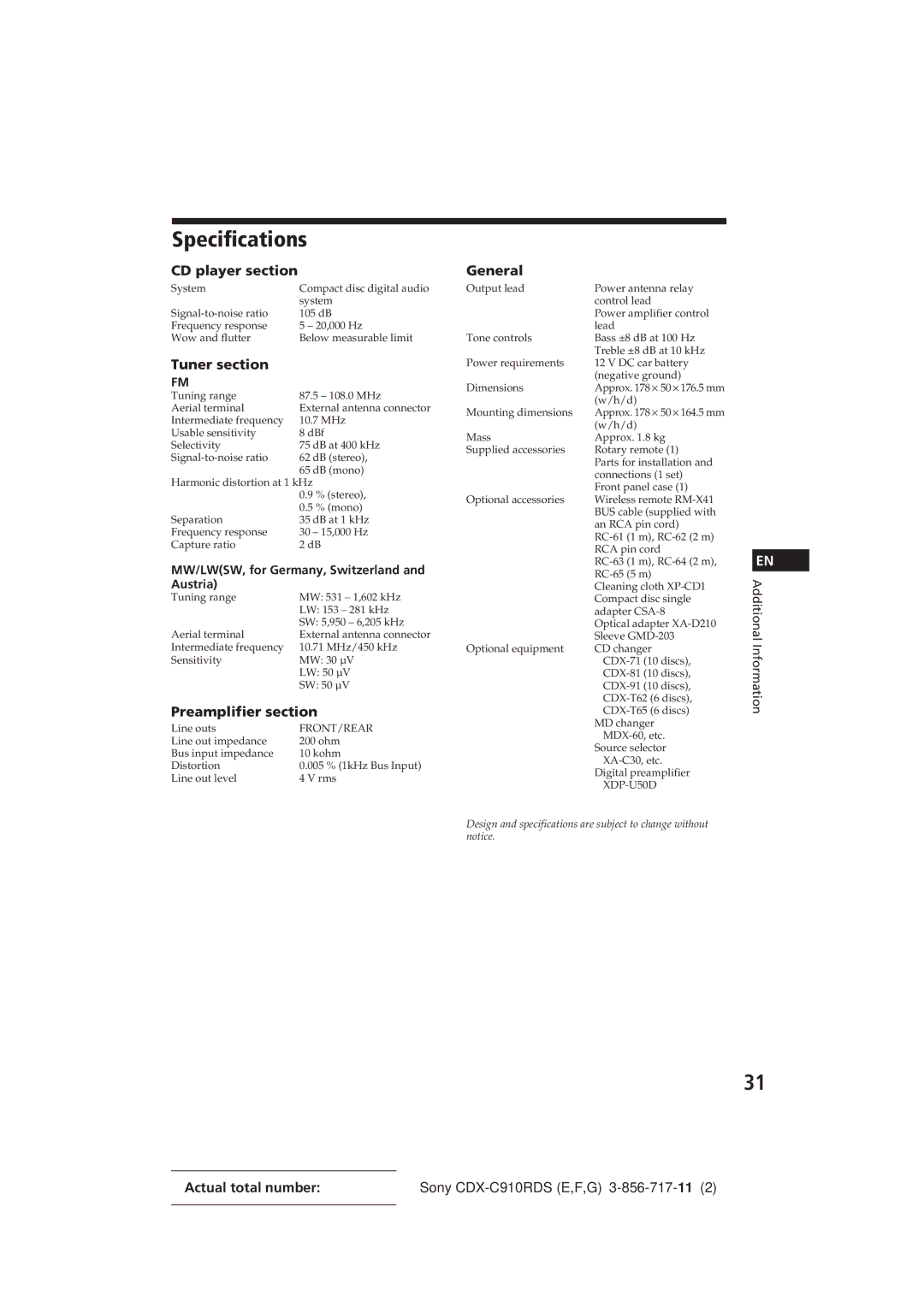 Sony CDX-C910RDS operating instructions Specifications, CD player section, Tuner section, Preamplifier section, General 