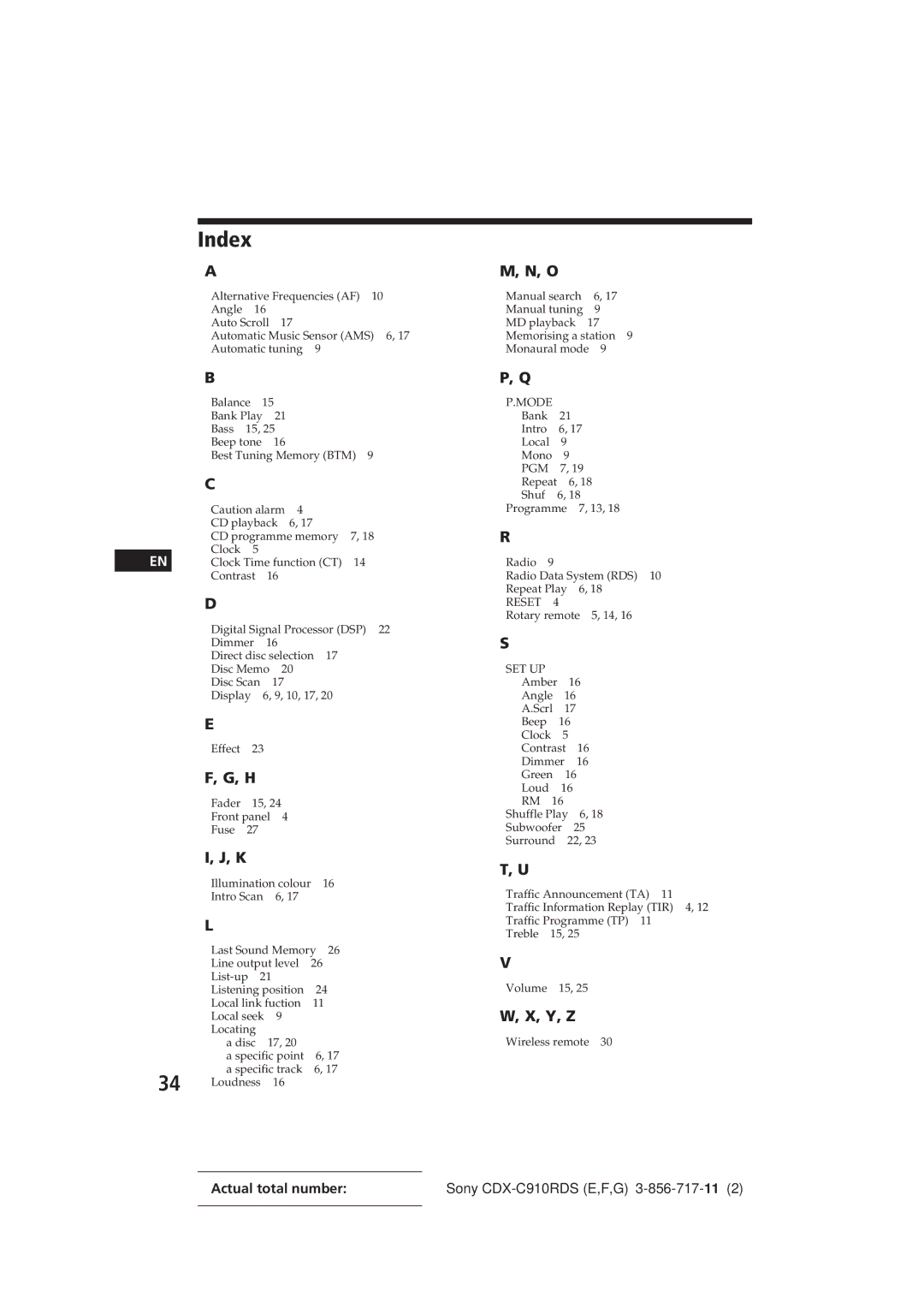 Sony CDX-C910RDS operating instructions Index, Set Up 