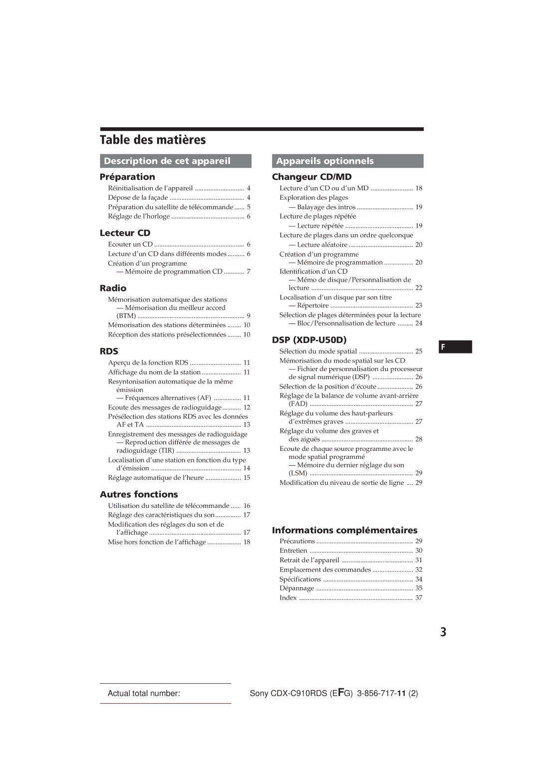 Sony CDX-C910RDS operating instructions Table des matières, Description de cet appareil 