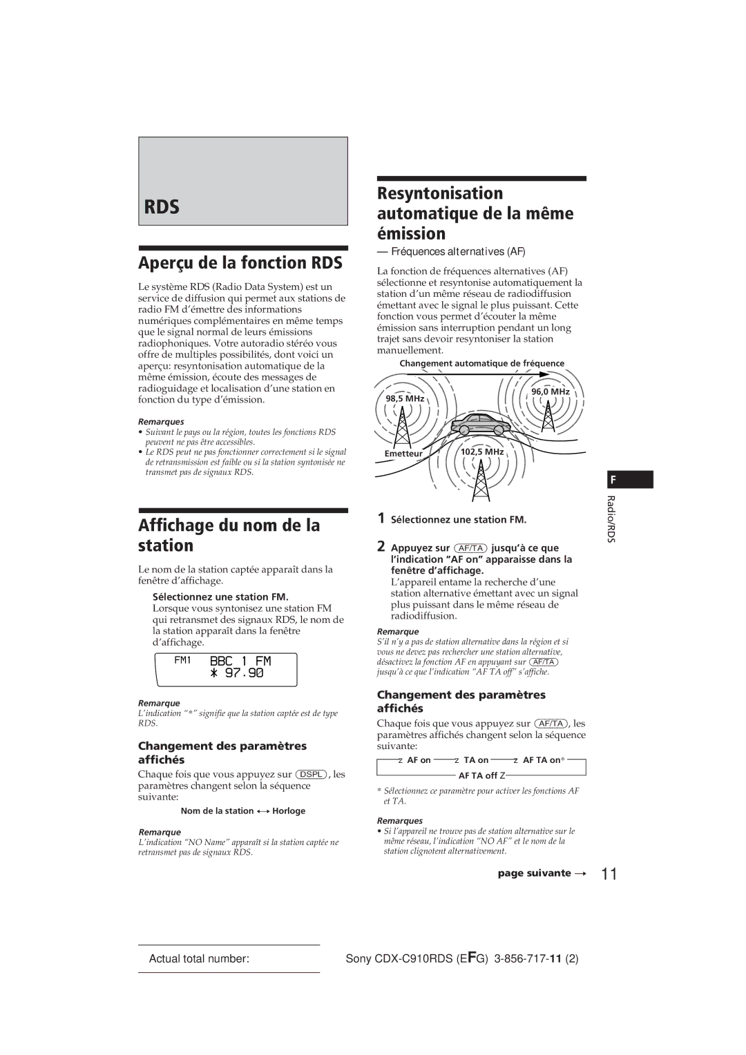 Sony CDX-C910RDS Aperçu de la fonction RDS, Affichage du nom de la station, Fréquences alternatives AF 