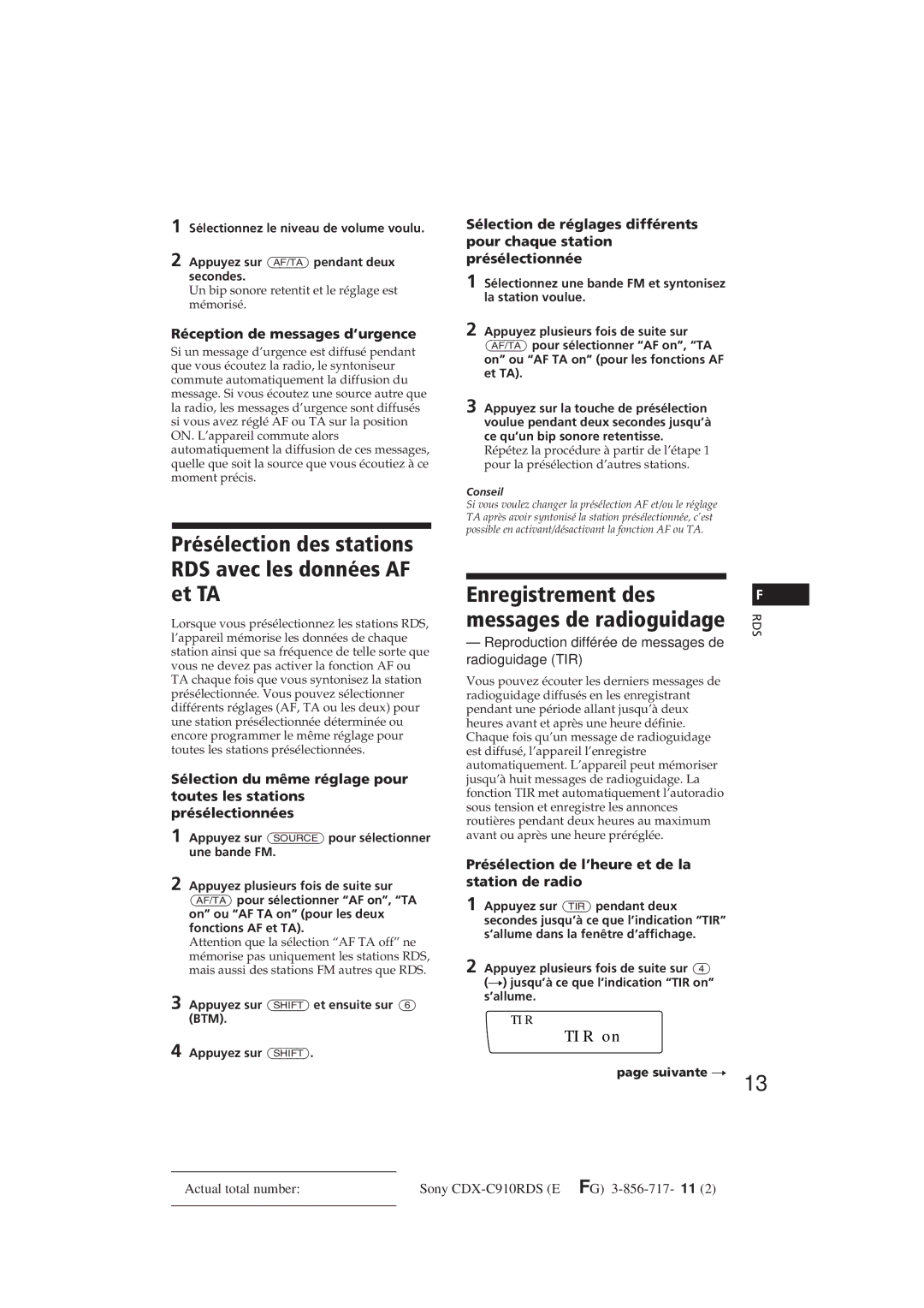 Sony CDX-C910RDS Présélection des stations RDS avec les données AF et TA, Enregistrement des, Messages de radioguidage 