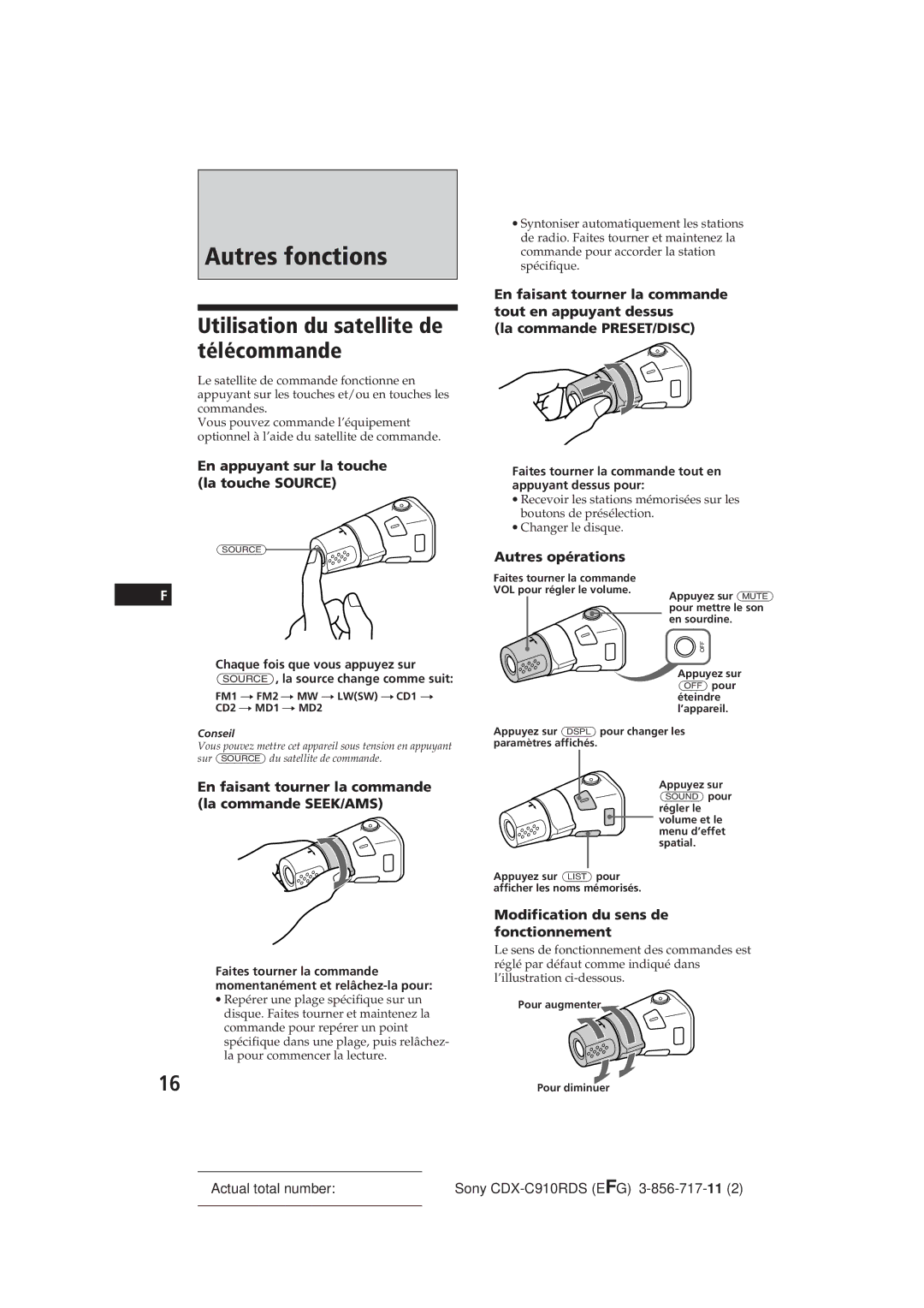 Sony CDX-C910RDS operating instructions Autres fonctions, Utilisation du satellite de télécommande 