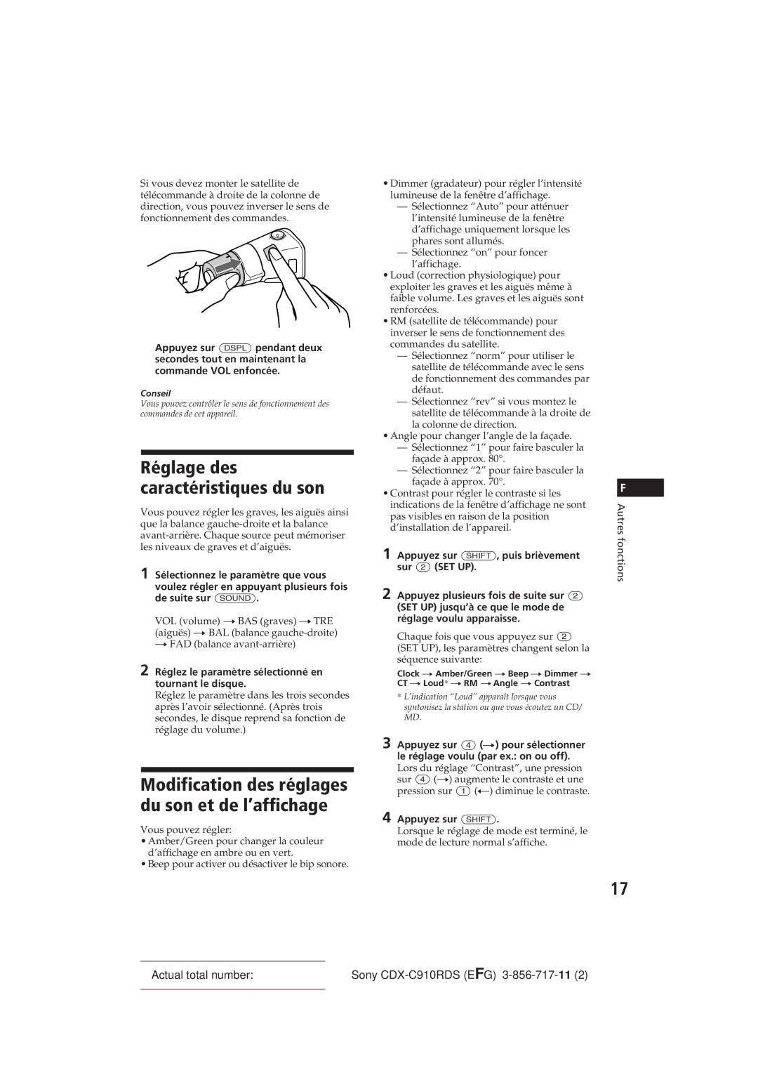 Sony CDX-C910RDS Réglage des caractéristiques du son, Modification des réglages du son et de l’affichage 