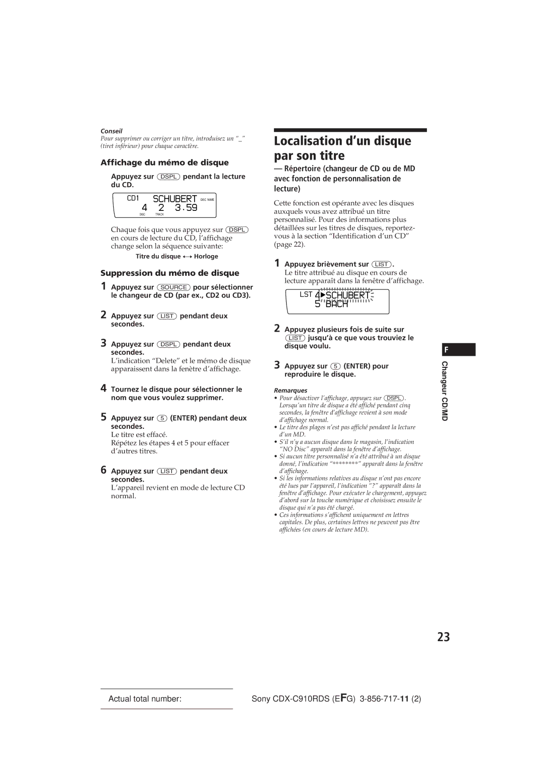 Sony CDX-C910RDS Localisation d’un disque par son titre, Affichage du mémo de disque, Suppression du mémo de disque 