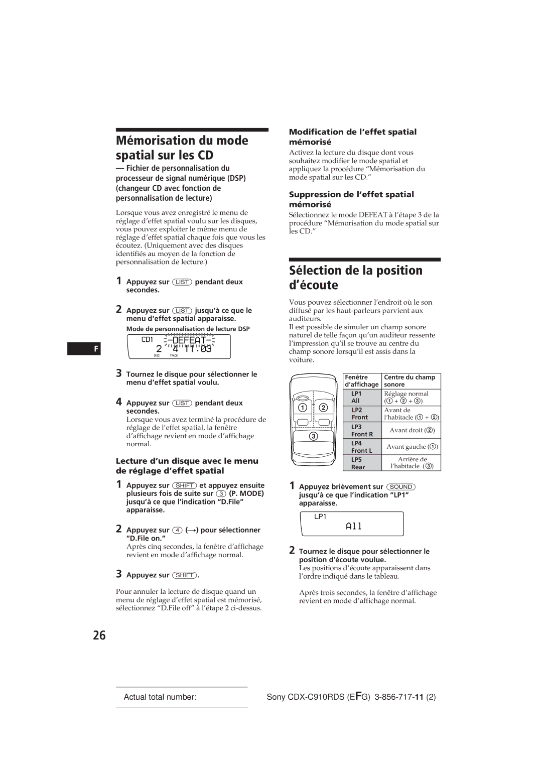 Sony CDX-C910RDS Sélection de la position d’écoute, Mémorisation du mode spatial sur les CD, 4 11.â3, All 