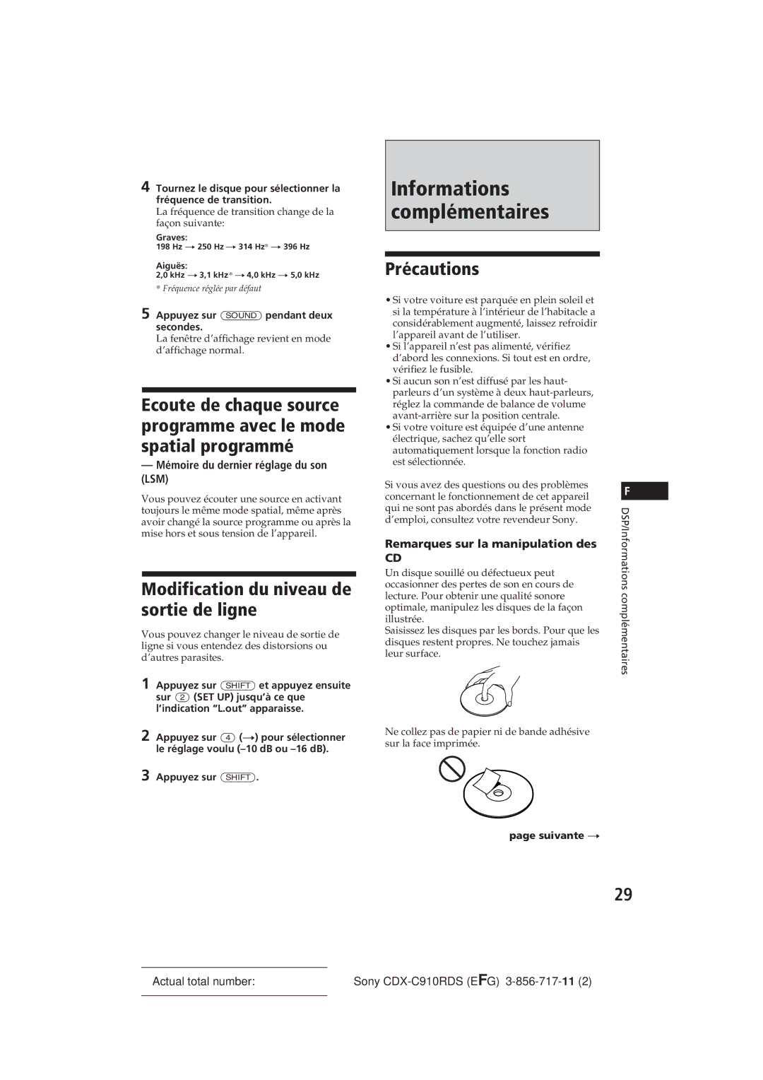 Sony CDX-C910RDS Modification du niveau de sortie de ligne, Précautions, Mémoire du dernier réglage du son LSM 