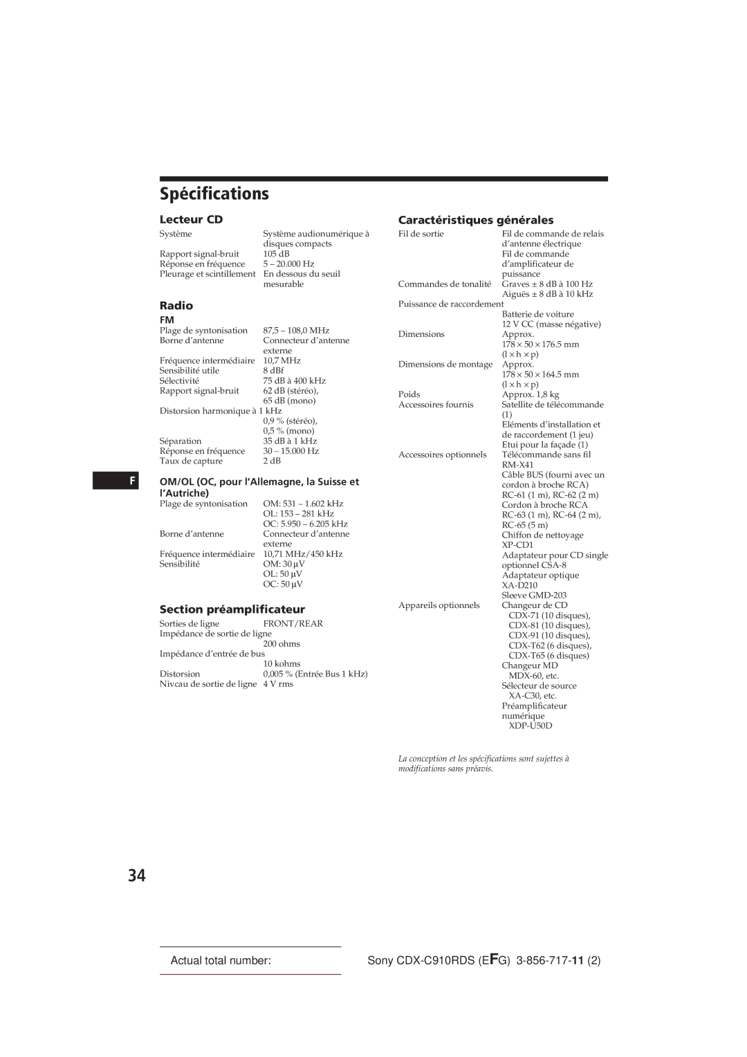 Sony CDX-C910RDS Spécifications, Lecteur CD, Radio, Section préamplificateur, Caractéristiques générales 