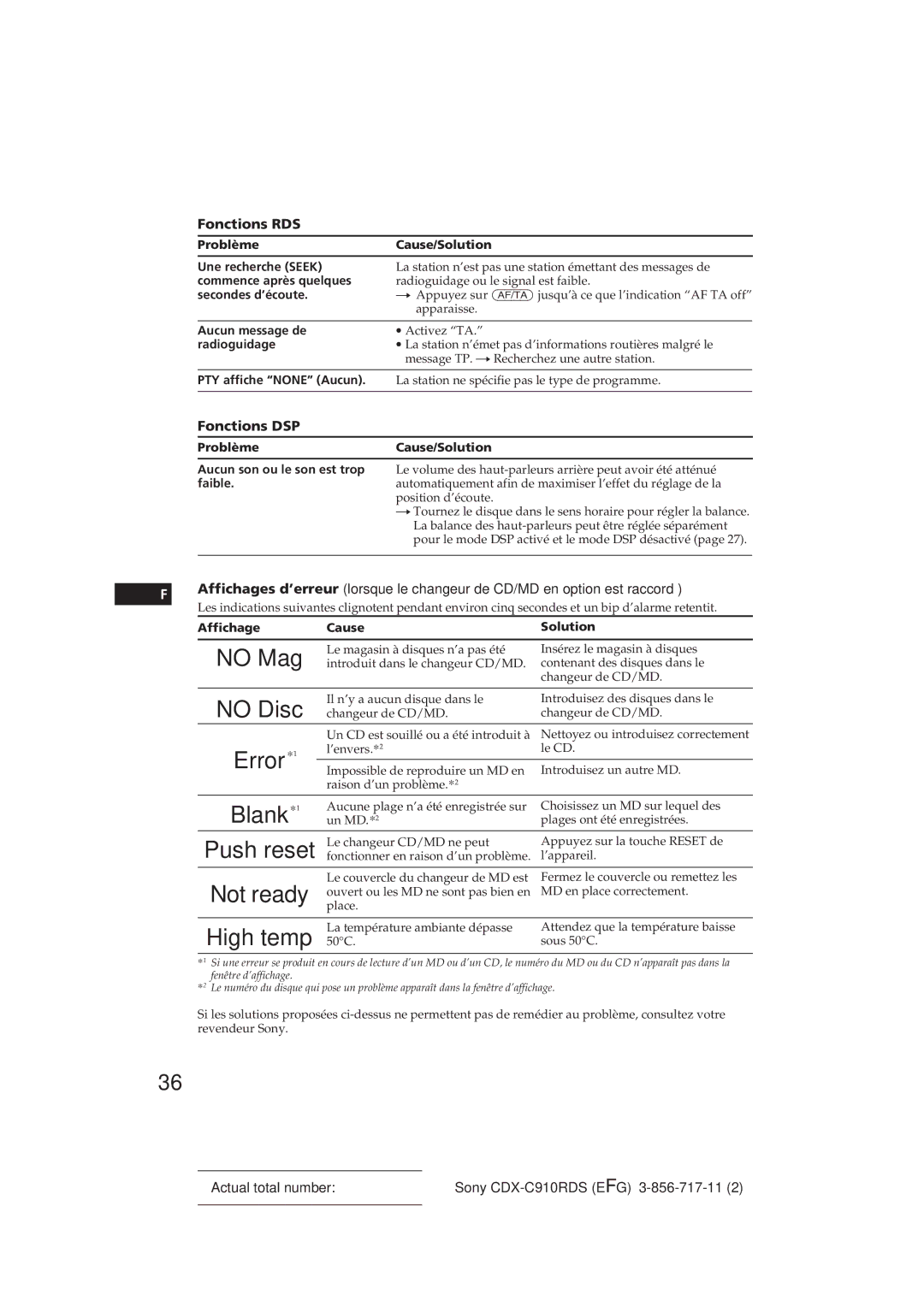 Sony CDX-C910RDS operating instructions Fonctions RDS, Fonctions DSP 