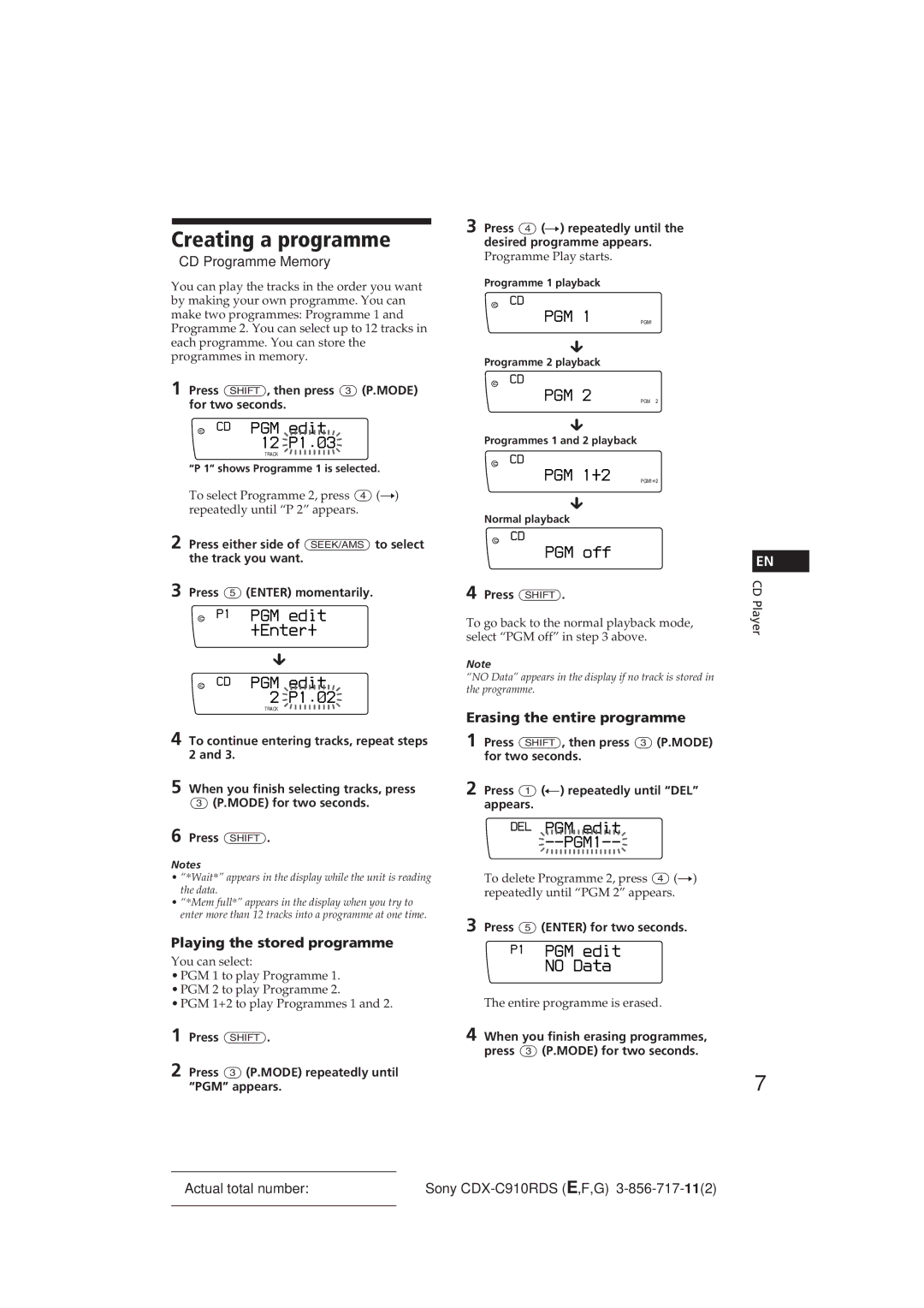 Sony CDX-C910RDS operating instructions Creating a programme, PGM off, No Data 