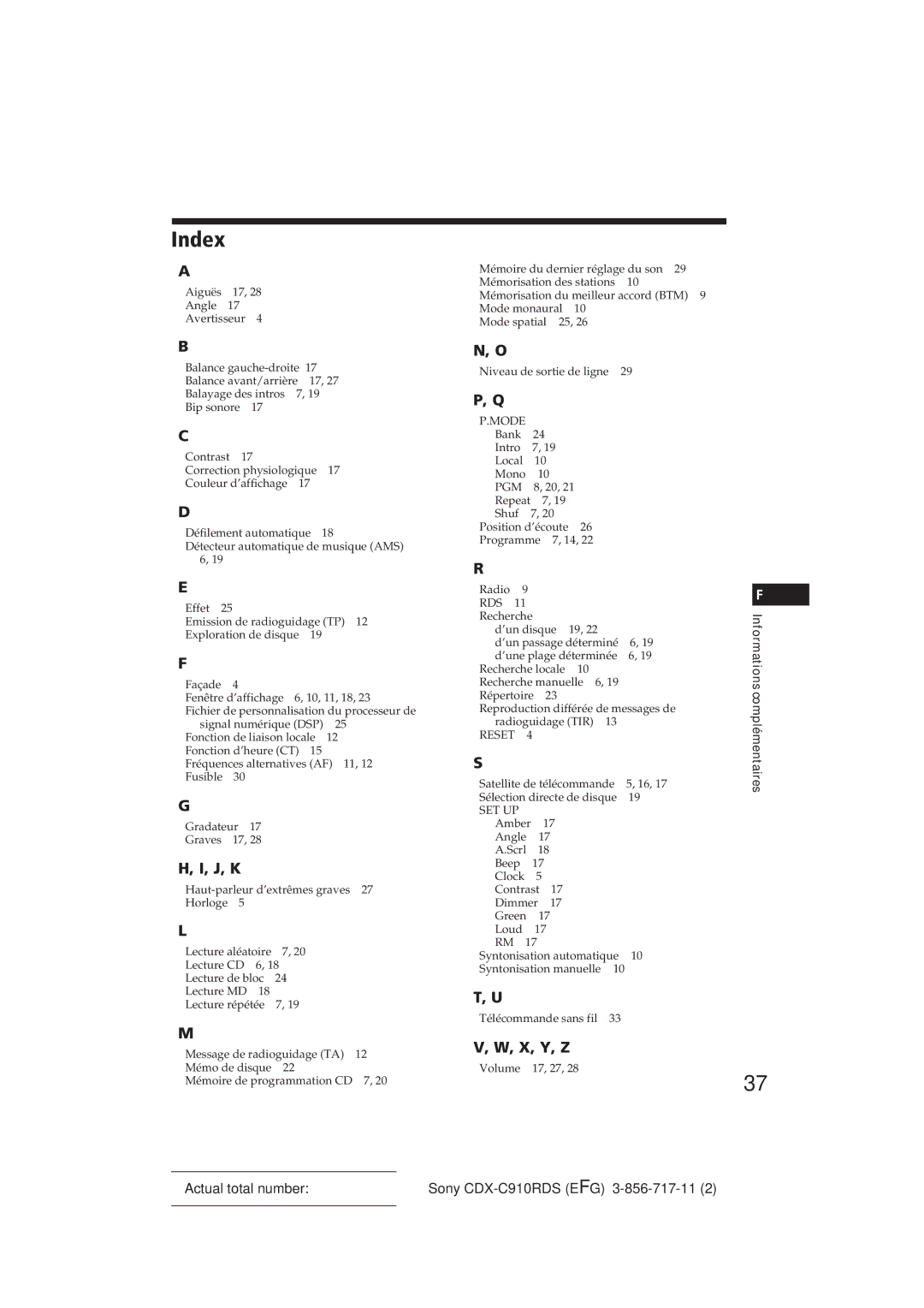 Sony CDX-C910RDS operating instructions X, Y, Z 