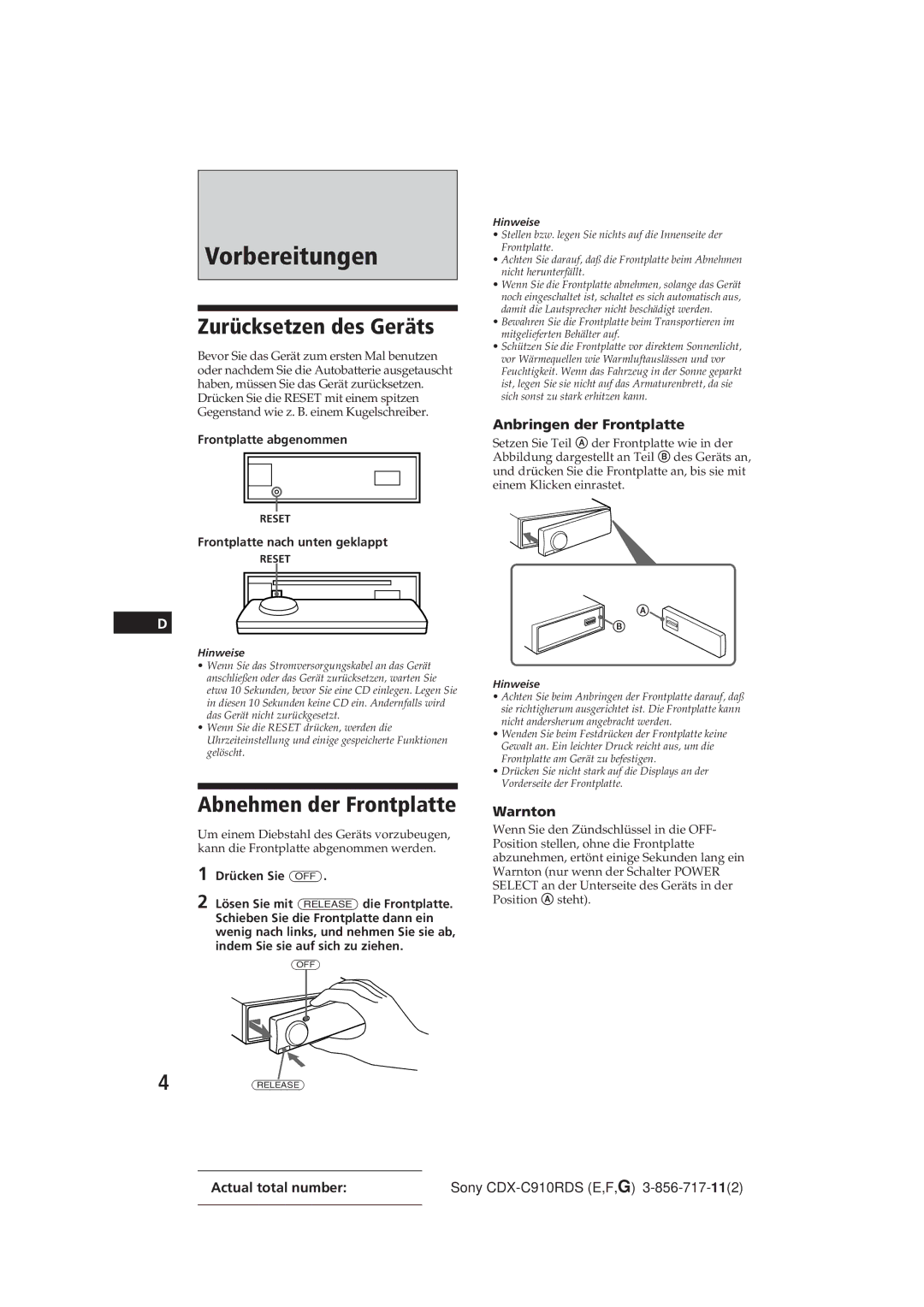 Sony CDX-C910RDS Vorbereitungen, Zurücksetzen des Geräts, Abnehmen der Frontplatte, Anbringen der Frontplatte, Warnton 