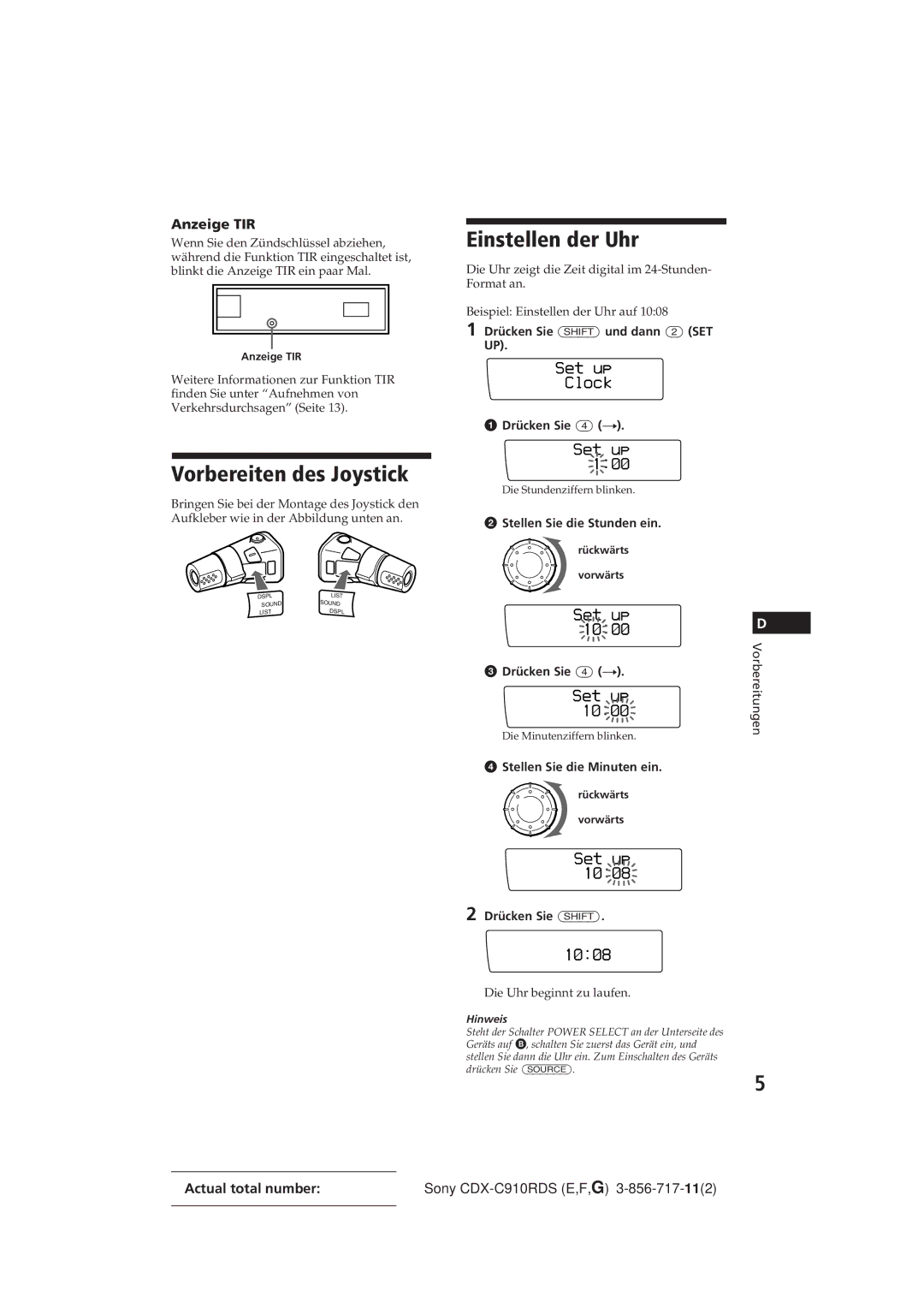 Sony CDX-C910RDS operating instructions Vorbereiten des Joystick, Einstellen der Uhr, Anzeige TIR 