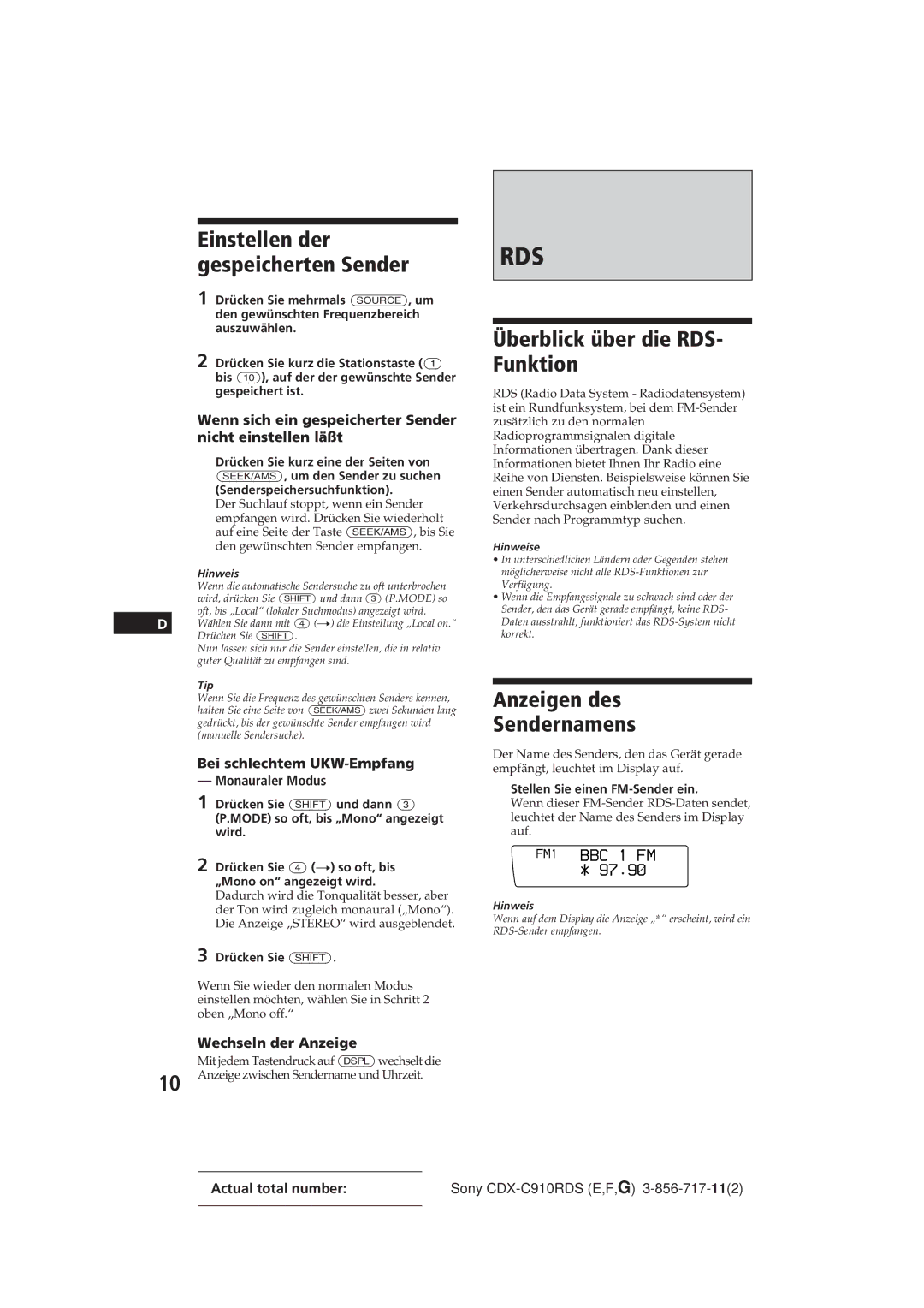 Sony CDX-C910RDS Überblick über die RDS- Funktion, Anzeigen des Sendernamens, Einstellen der gespeicherten Sender, 97.9â 