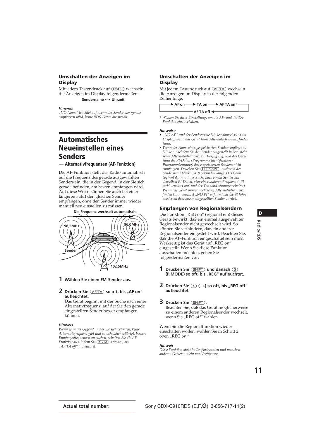 Sony CDX-C910RDS operating instructions Automatisches Neueinstellen eines Senders, Umschalten der Anzeigen im Display 