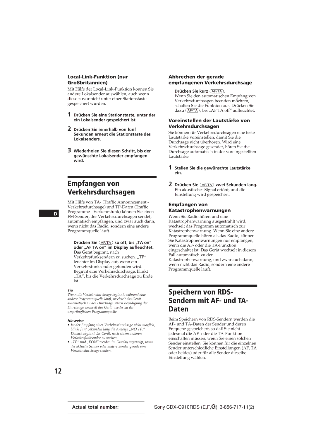 Sony CDX-C910RDS operating instructions Empfangen von Verkehrsdurchsagen, Speichern von RDS- Sendern mit AF- und TA- Daten 