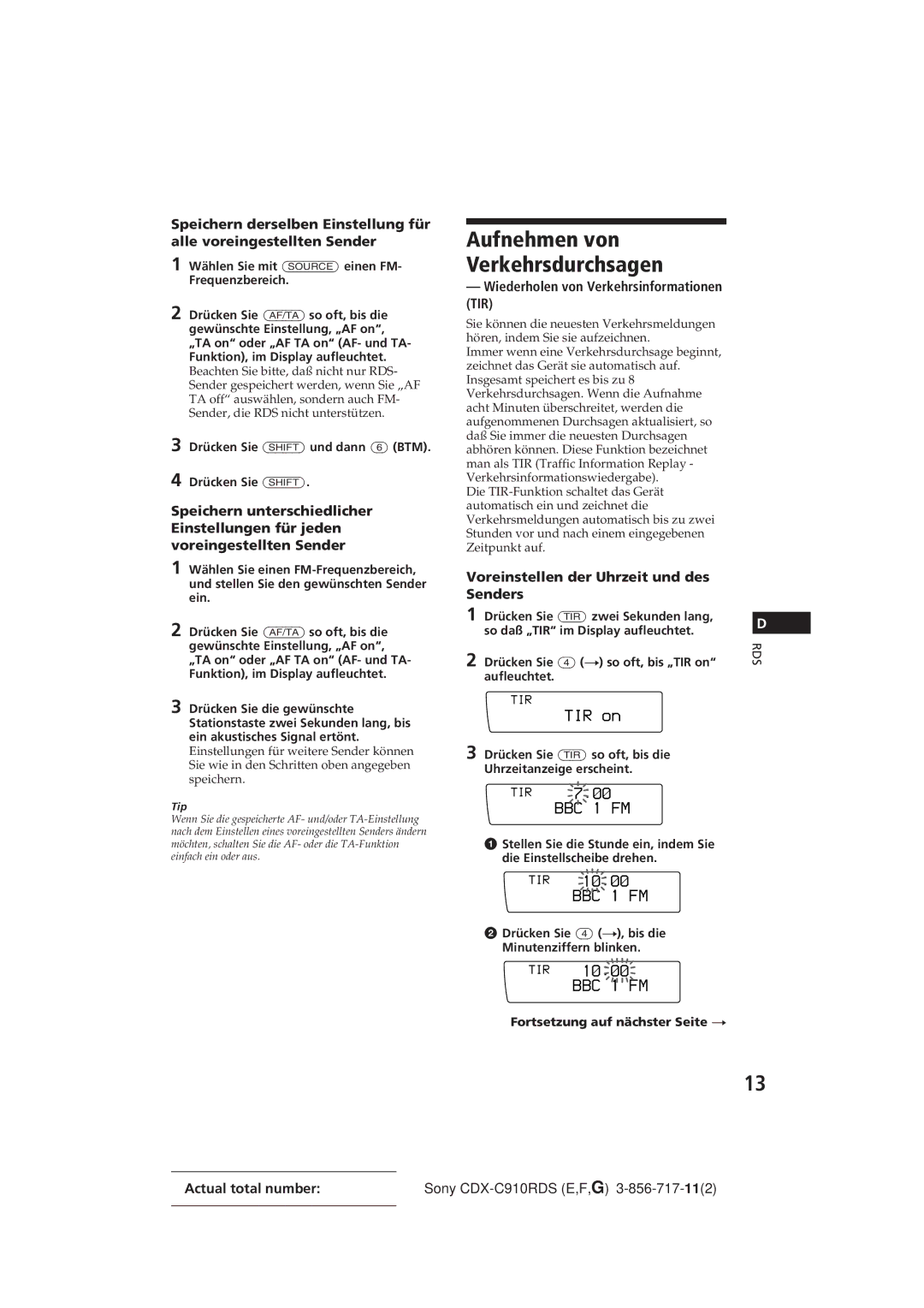 Sony CDX-C910RDS operating instructions Aufnehmen von Verkehrsdurchsagen, Wiederholen von Verkehrsinformationen TIR 