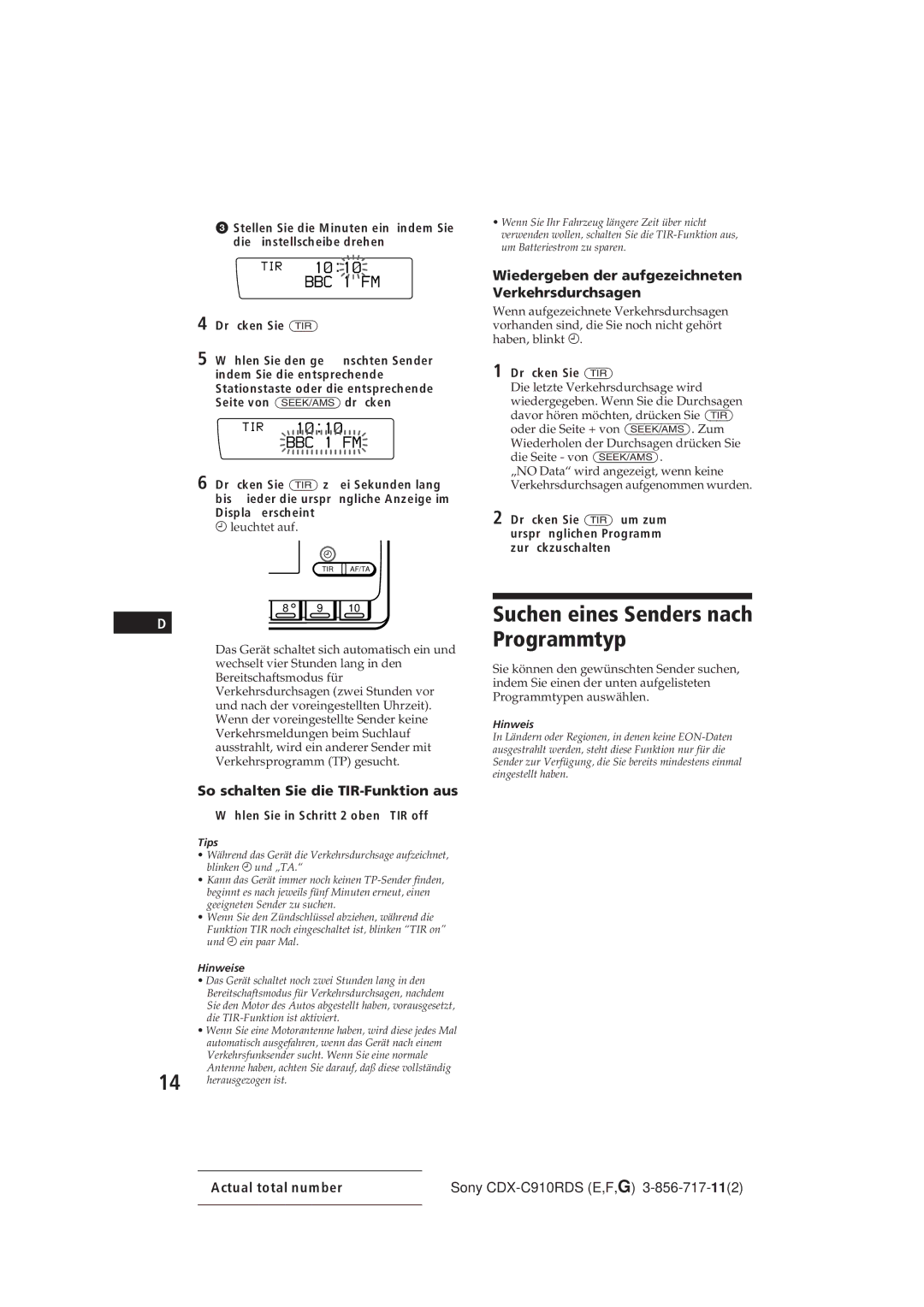 Sony CDX-C910RDS Suchen eines Senders nach Programmtyp, Wiedergeben der aufgezeichneten Verkehrsdurchsagen 