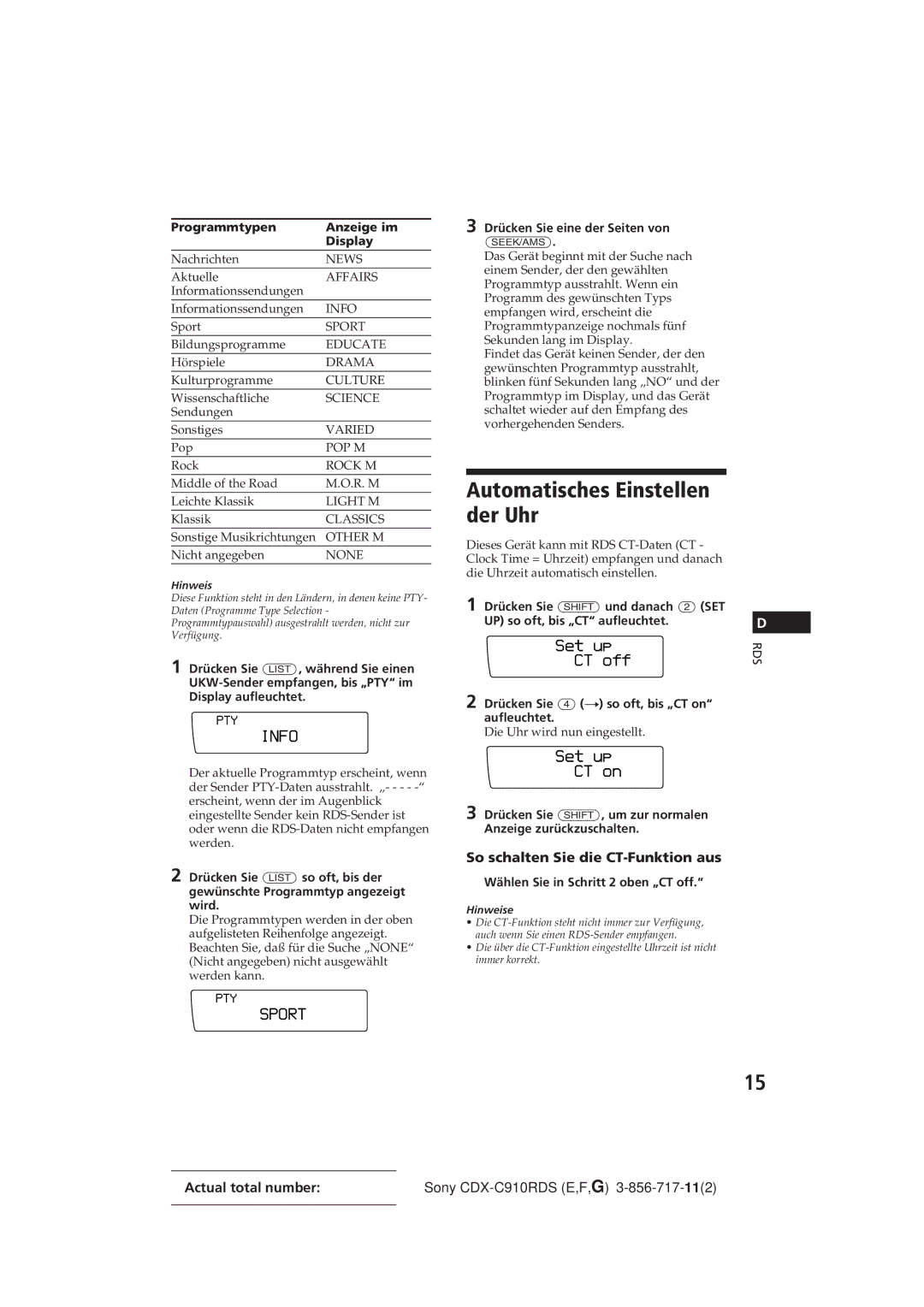 Sony CDX-C910RDS operating instructions Automatisches Einstellen der Uhr, So schalten Sie die CT-Funktion aus 