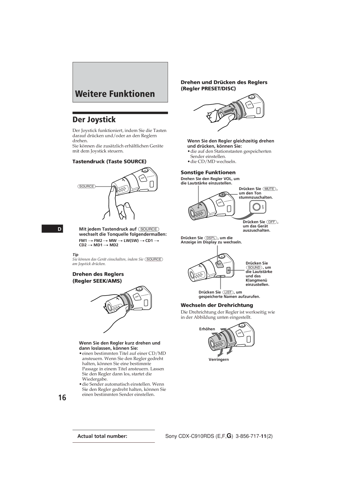 Sony CDX-C910RDS operating instructions Weitere Funktionen, Der Joystick 