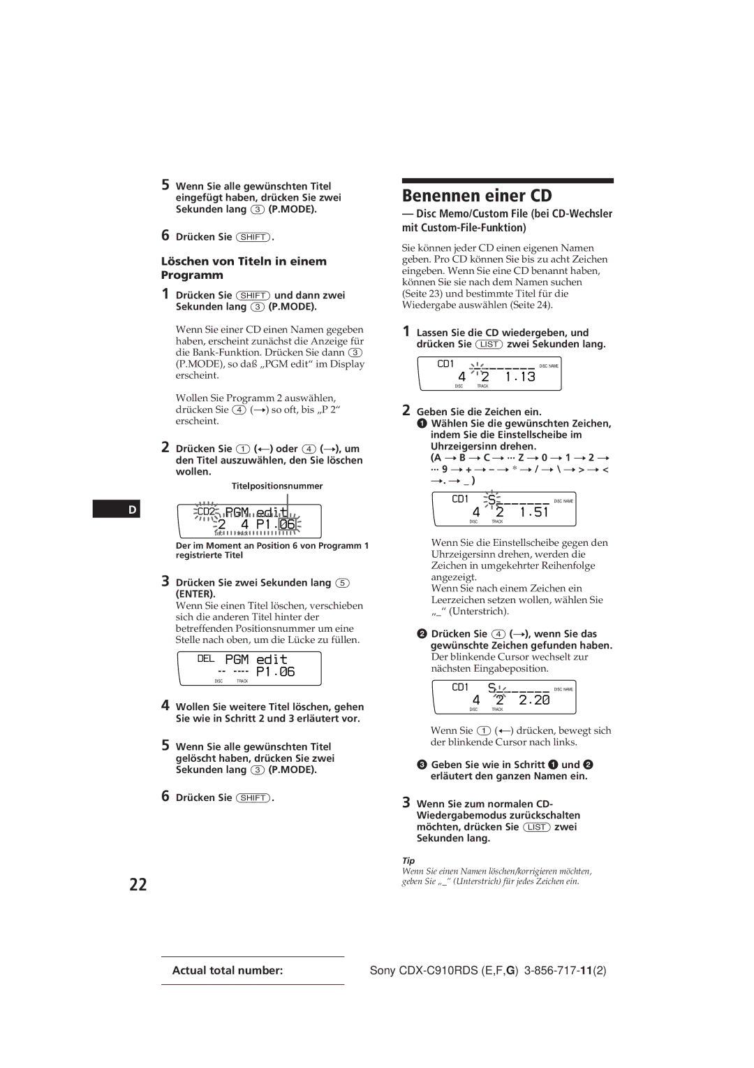 Sony CDX-C910RDS Benennen einer CD, CD2 PGM edit 2 4 P1.â6, Löschen von Titeln in einem Programm, Sekunden lang 