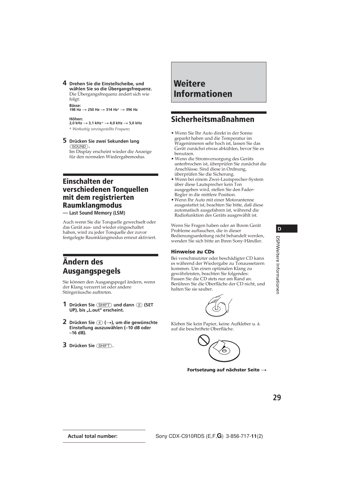 Sony CDX-C910RDS Weitere Informationen, Sicherheitsmaßnahmen, Ändern des Ausgangspegels, Hinweise zu CDs 