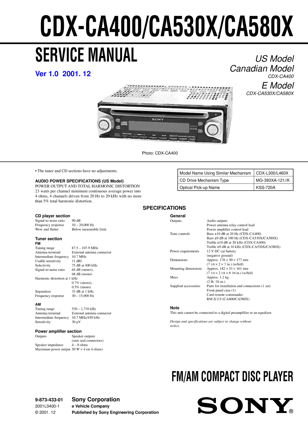 Sony CDX-CA530X, CDX-CA580X service manual CDX-CA400/CA530X/CA580X, Specifications 