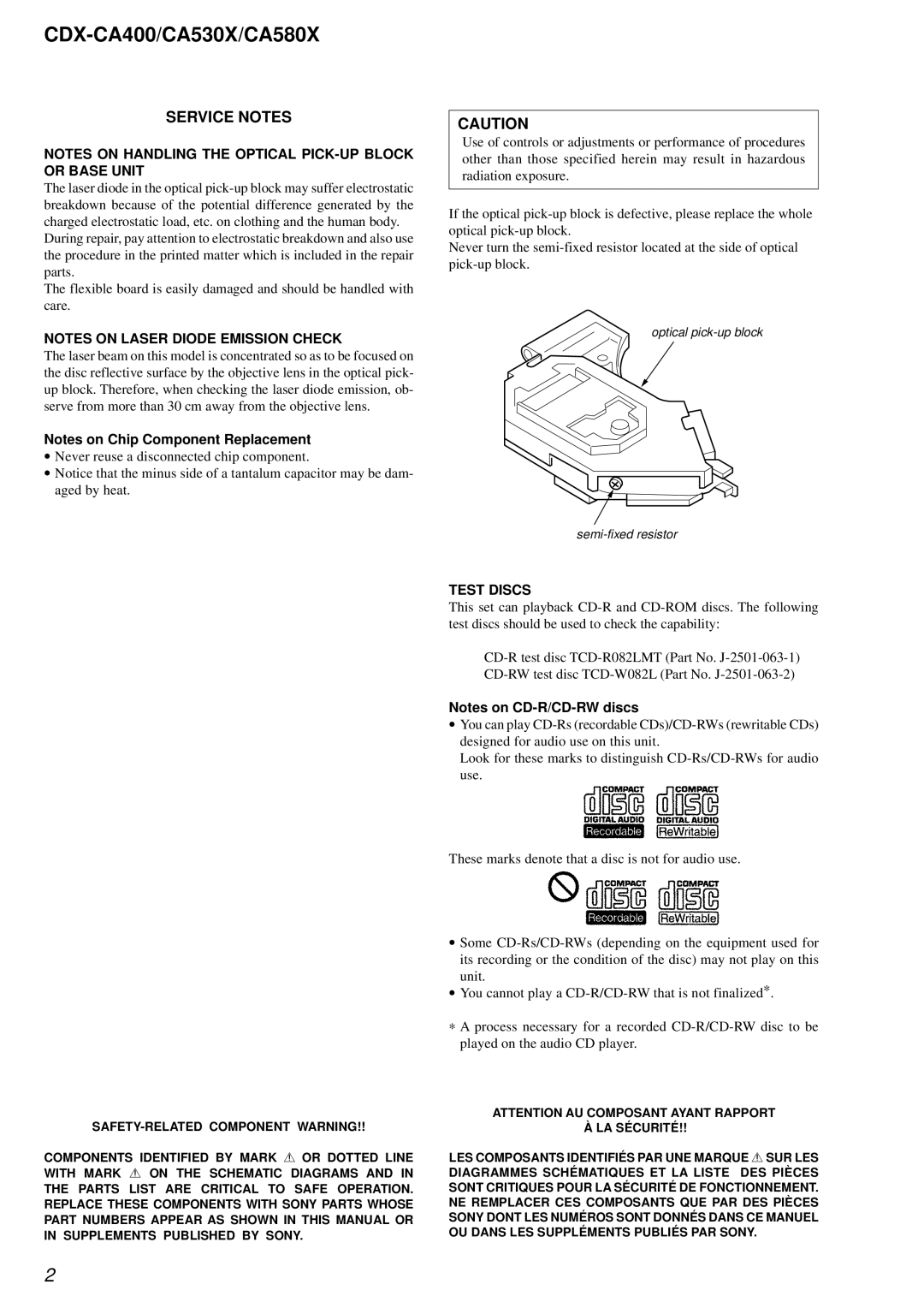 Sony CDX-CA580X, CDX-CA530X service manual CDX-CA400/CA530X/CA580X, Service Notes 