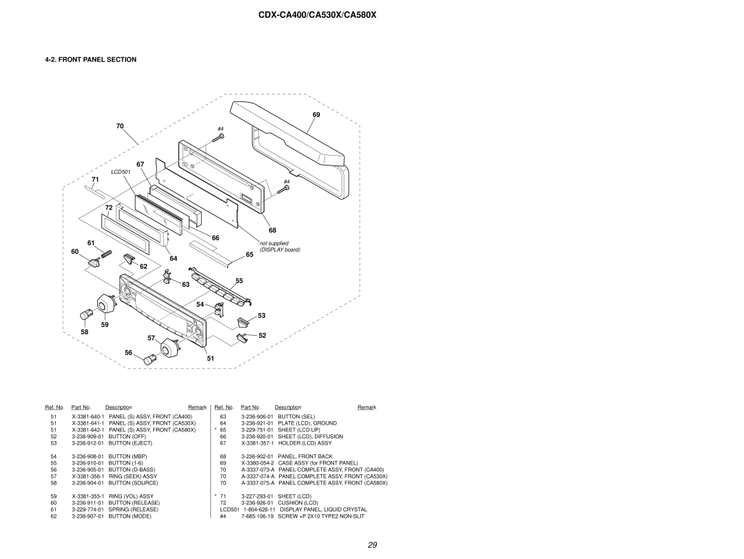 Sony CDX-CA580X, CDX-CA400, CDX-CA530X service manual Front Panel Section, Not supplied 