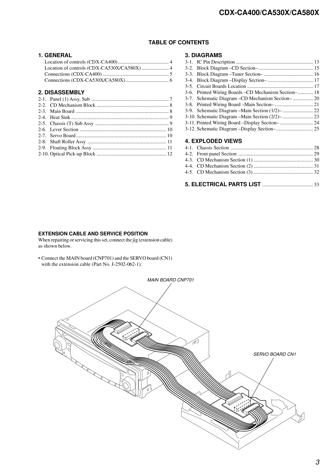 Sony CDX-CA400, CDX-CA530X, CDX-CA580X service manual Table of Contents General, Disassembly, Diagrams, Exploded Views 