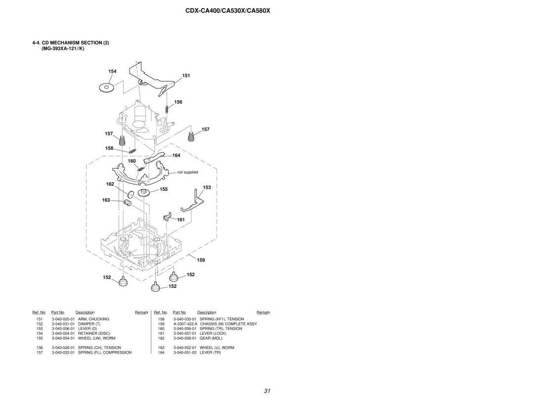 Sony CDX-CA530X, CDX-CA400, CDX-CA580X CD Mechanism MG-393XA-121//K 154 151 156 157 158 160 164, 162 163 155153 161 159 152 