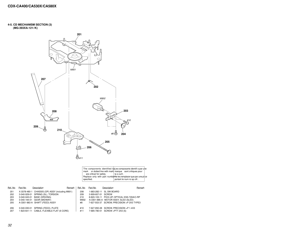 Sony CDX-CA580X, CDX-CA400, CDX-CA530X service manual CD Mechanism MG-393XA-121//K 201, 207 202, 209 208 203, 210 205 206 