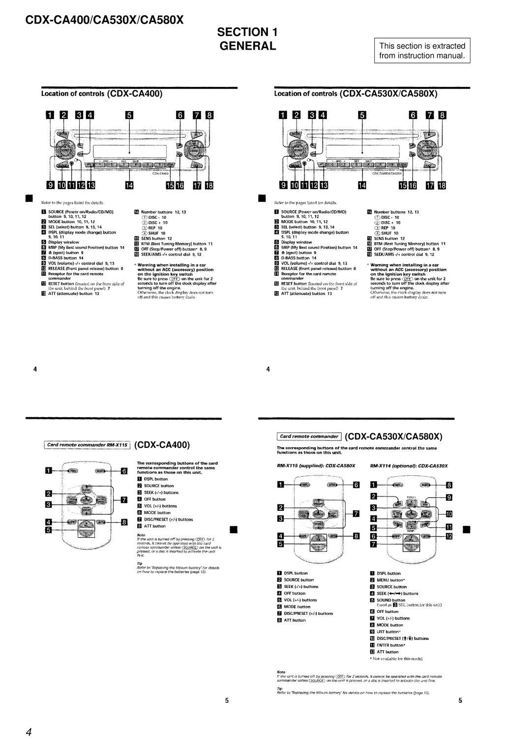 Sony CDX-CA580X service manual Section General, CDX-CA400 CDX-CA530X/CA580X 