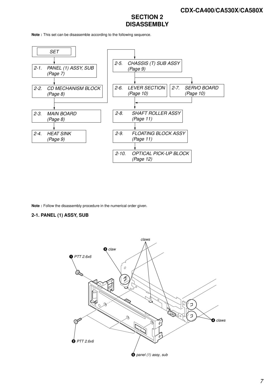 Sony CDX-CA530X, CDX-CA400, CDX-CA580X service manual Section Disassembly, Panel 1 ASSY, SUB 