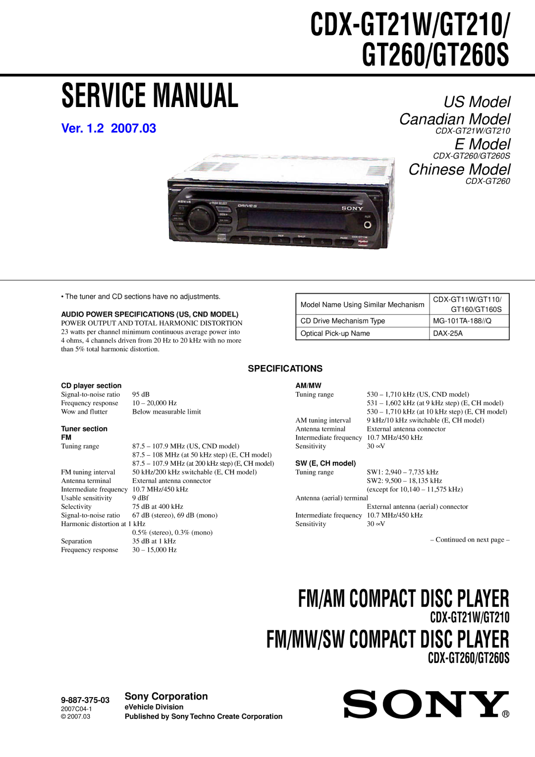 Sony CDX-GT210, CDX-GT21W, CDX-GT260S service manual Ver .2, Specifications 