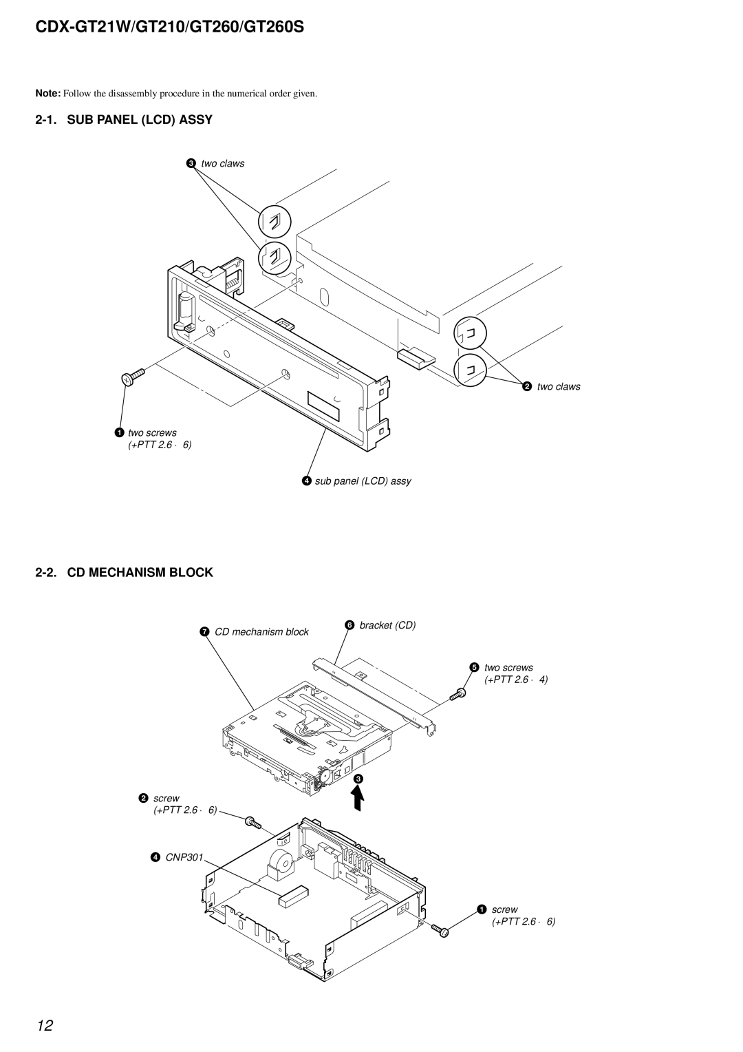 Sony CDX-GT21W, CDX-GT210, CDX-GT260S service manual SUB Panel LCD Assy, CD Mechanism Block 