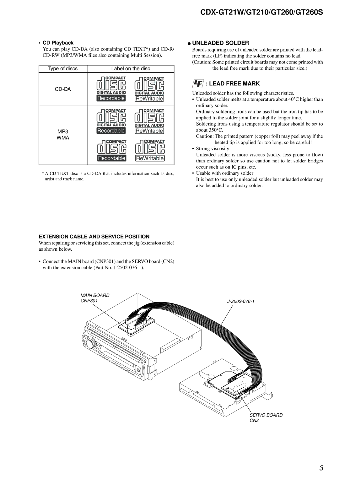 Sony CDX-GT260S, CDX-GT21W, CDX-GT210 service manual Unleaded Solder, Lead Free Mark, CD Playback 