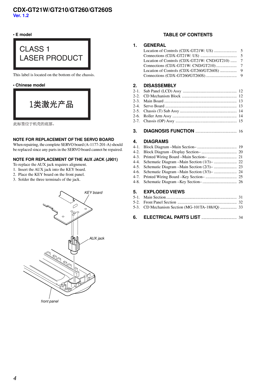 Sony CDX-GT21W, CDX-GT210, CDX-GT260S service manual Table of Contents General, Disassembly, Diagrams, Exploded Views 