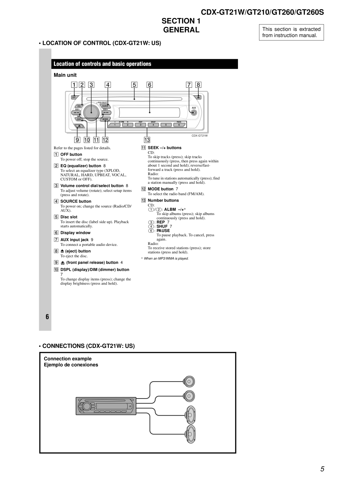 Sony CDX-GT210, CDX-GT260S service manual Section, Location of Control CDX-GT21W US, Connections CDX-GT21W US, Main unit 