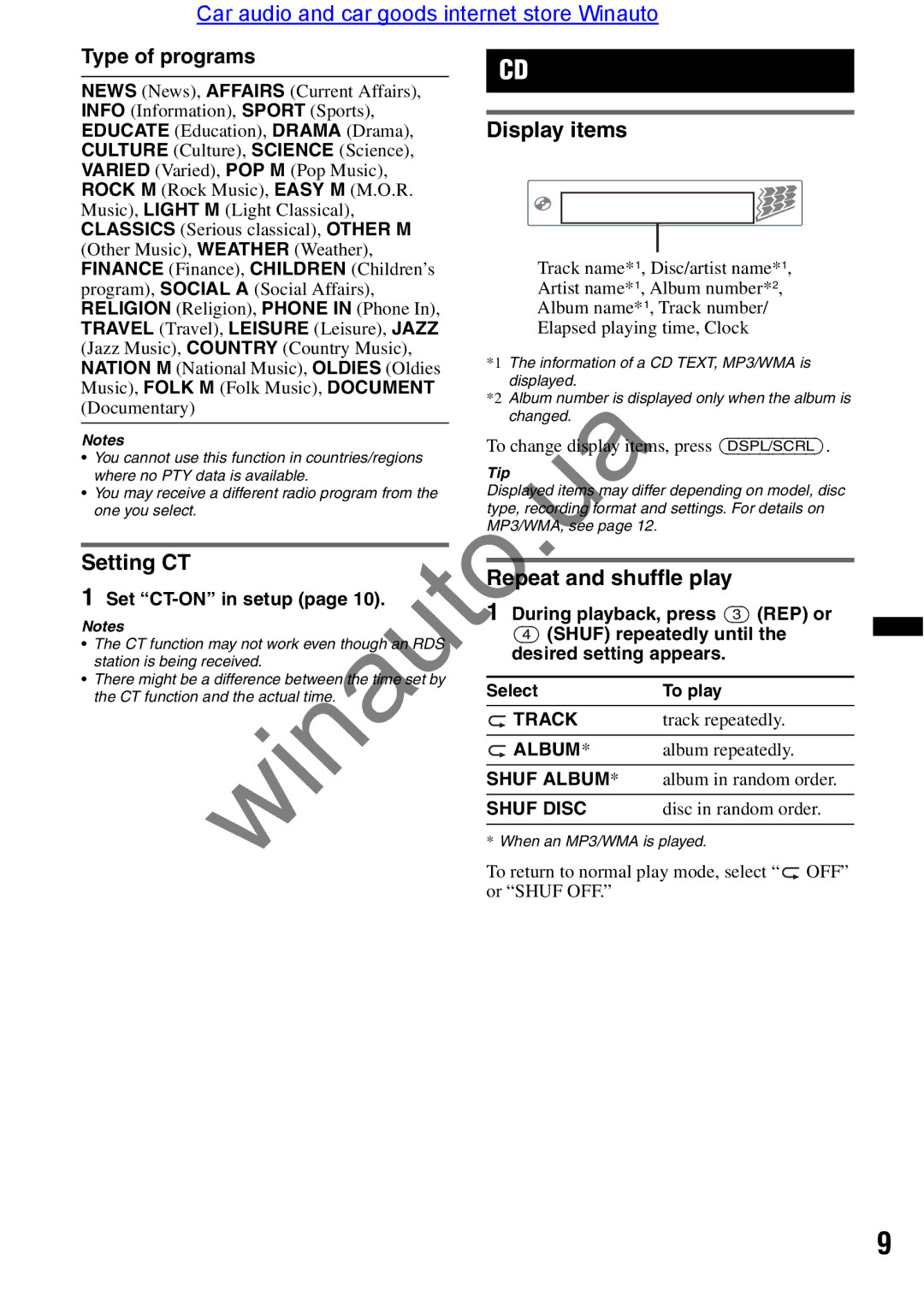 Sony CDX-GT290 user manual Type of programs, Setting CT, Repeat and shuffle play, Desired setting appears, Select To play 