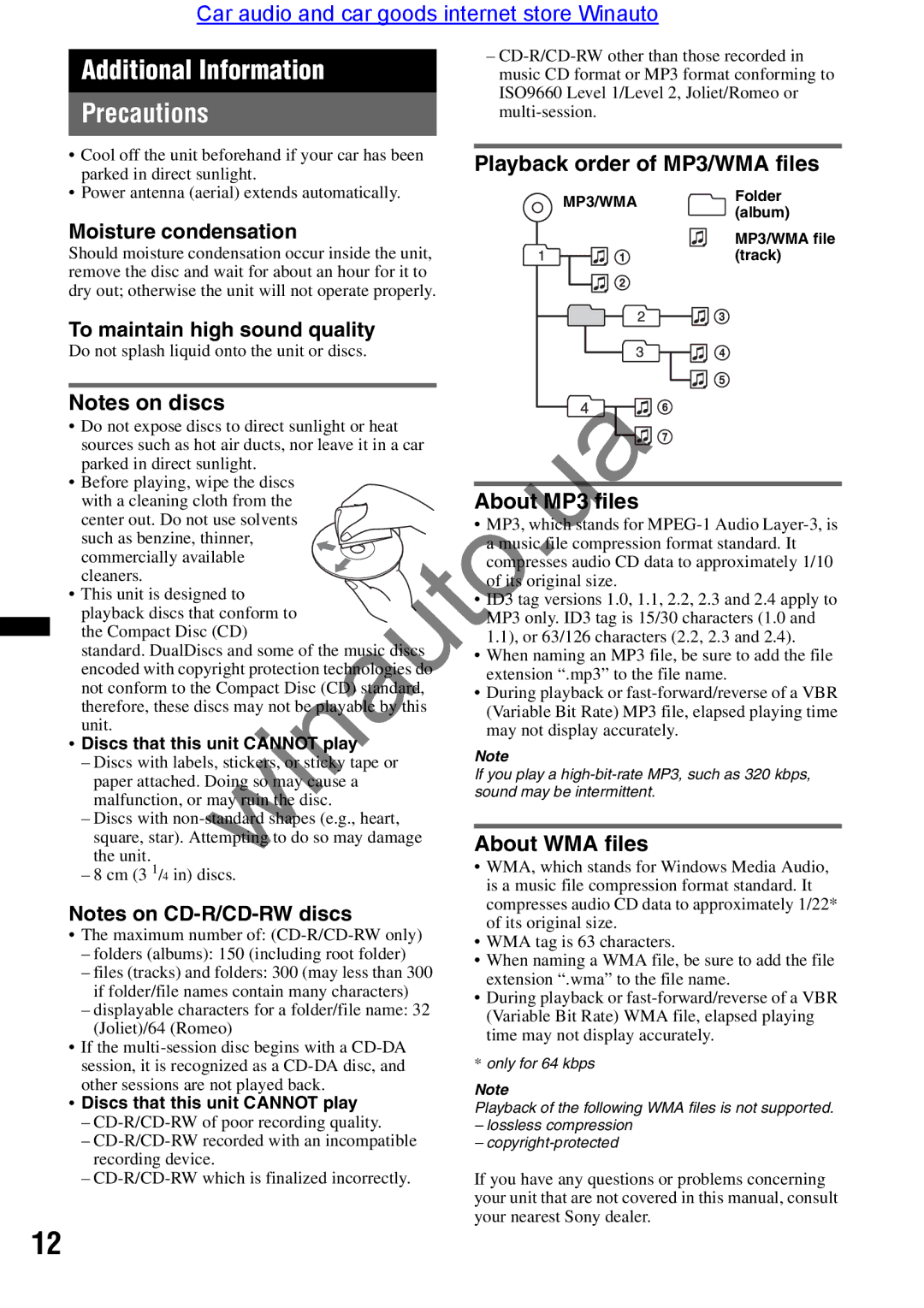 Sony CDX-GT290 user manual Additional Information Precautions 