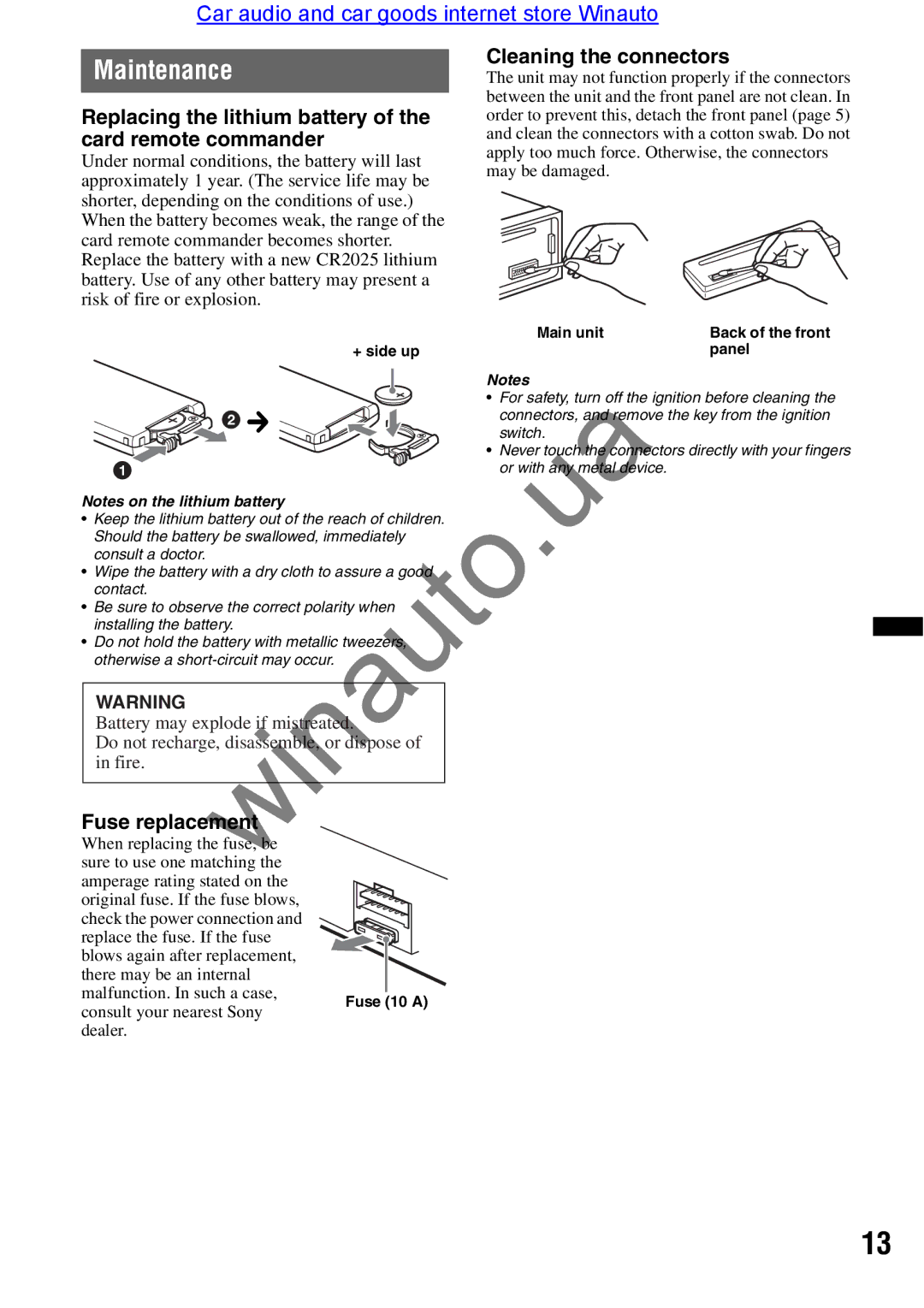 Sony CDX-GT290 user manual Maintenance, Replacing the lithium battery of the card remote commander, Cleaning the connectors 