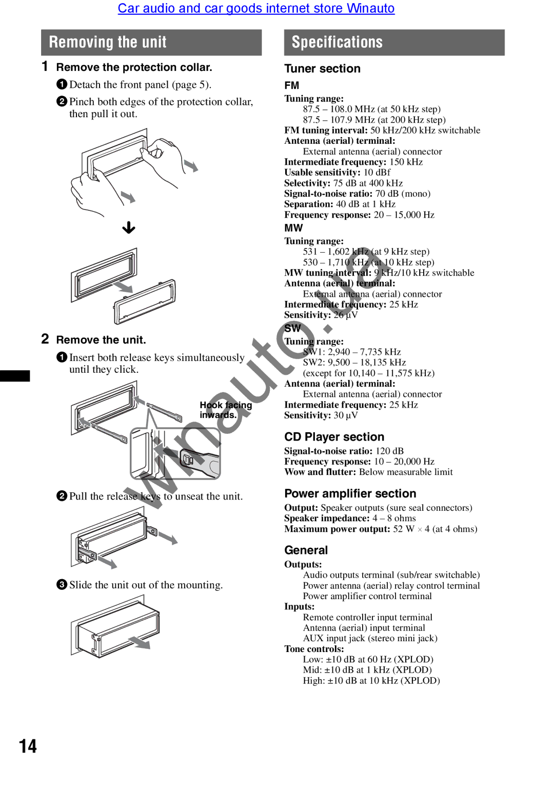 Sony CDX-GT290 user manual Removing the unit Specifications, Remove the protection collar, Remove the unit 