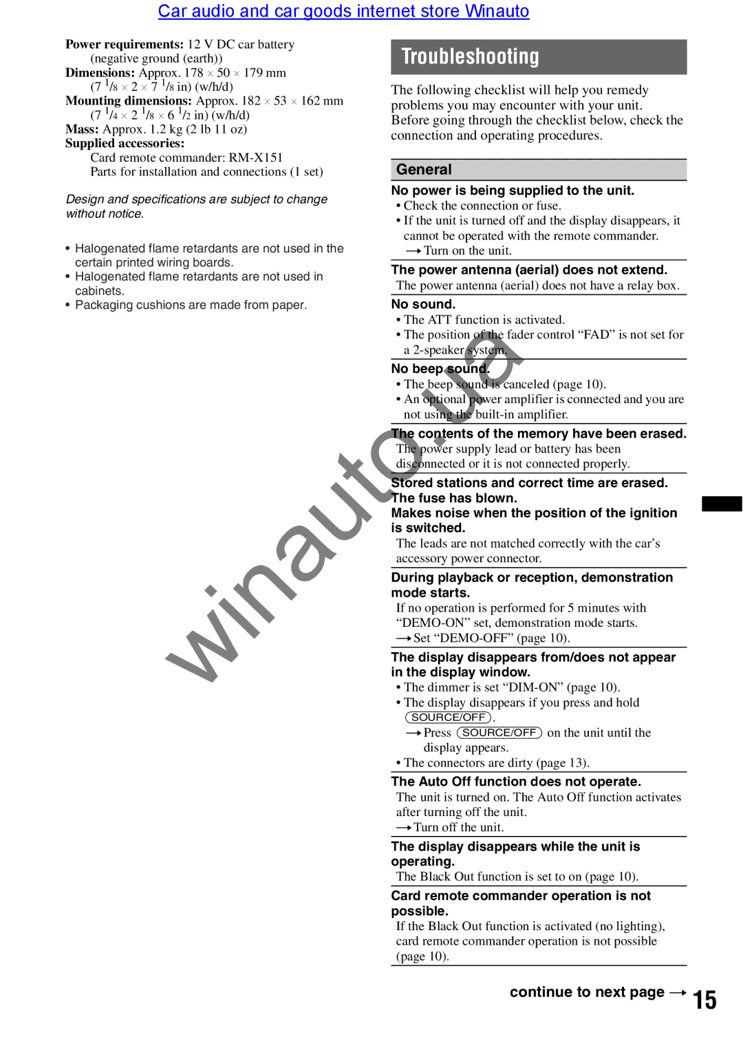 Sony CDX-GT290 user manual Troubleshooting, General, Continue to next page T 